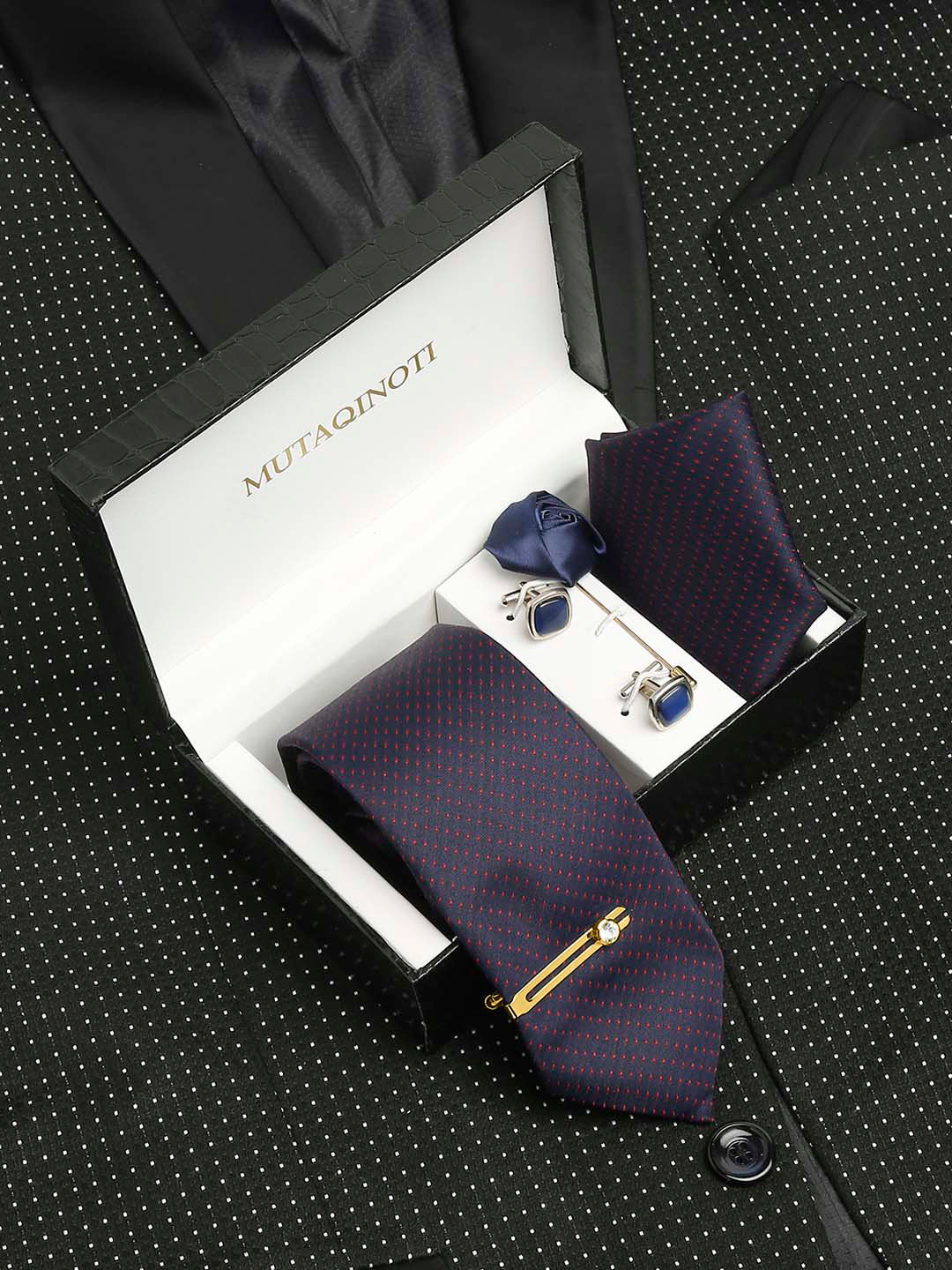 MUTAQINOTI Men Micro Polka Dot Print Silk Necktie Accessory Gift Set