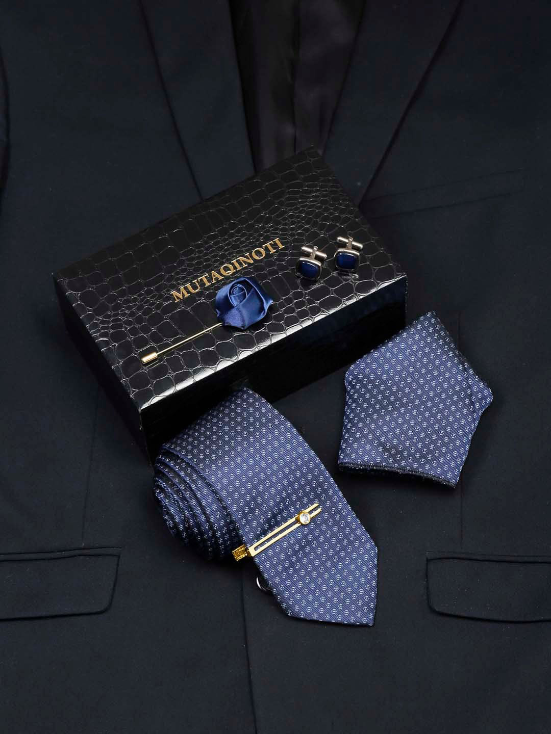 MUTAQINOTI Men Pigeon Blue Silk Necktie Accessory Gift Set