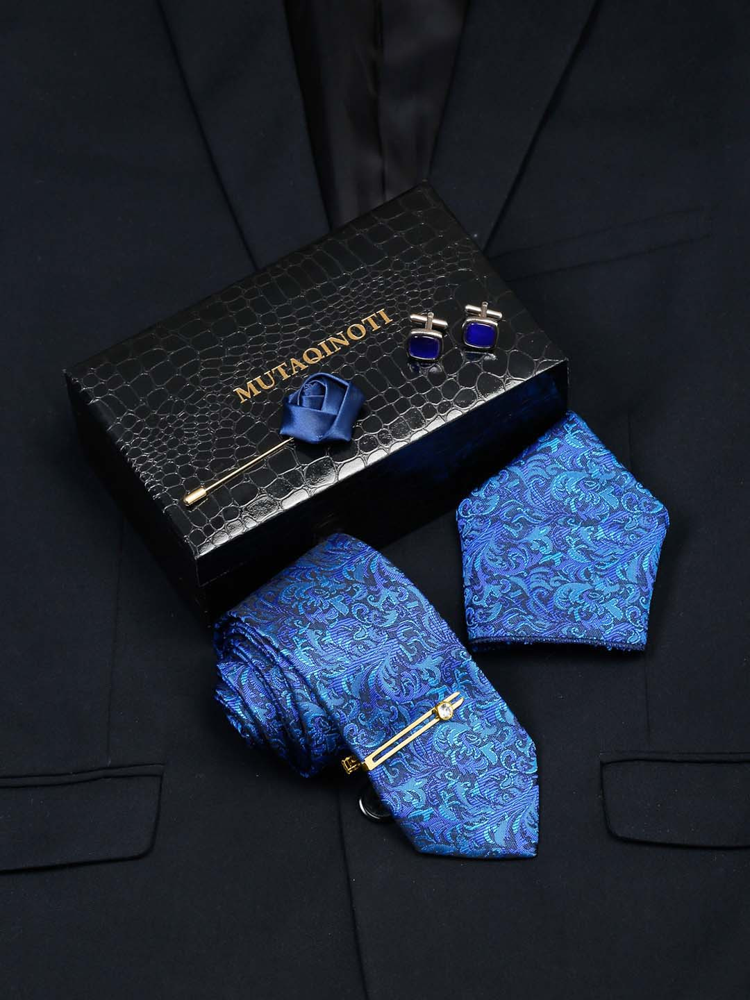 MUTAQINOTI Men Space Blue Silk Necktie Accessory Gift Set