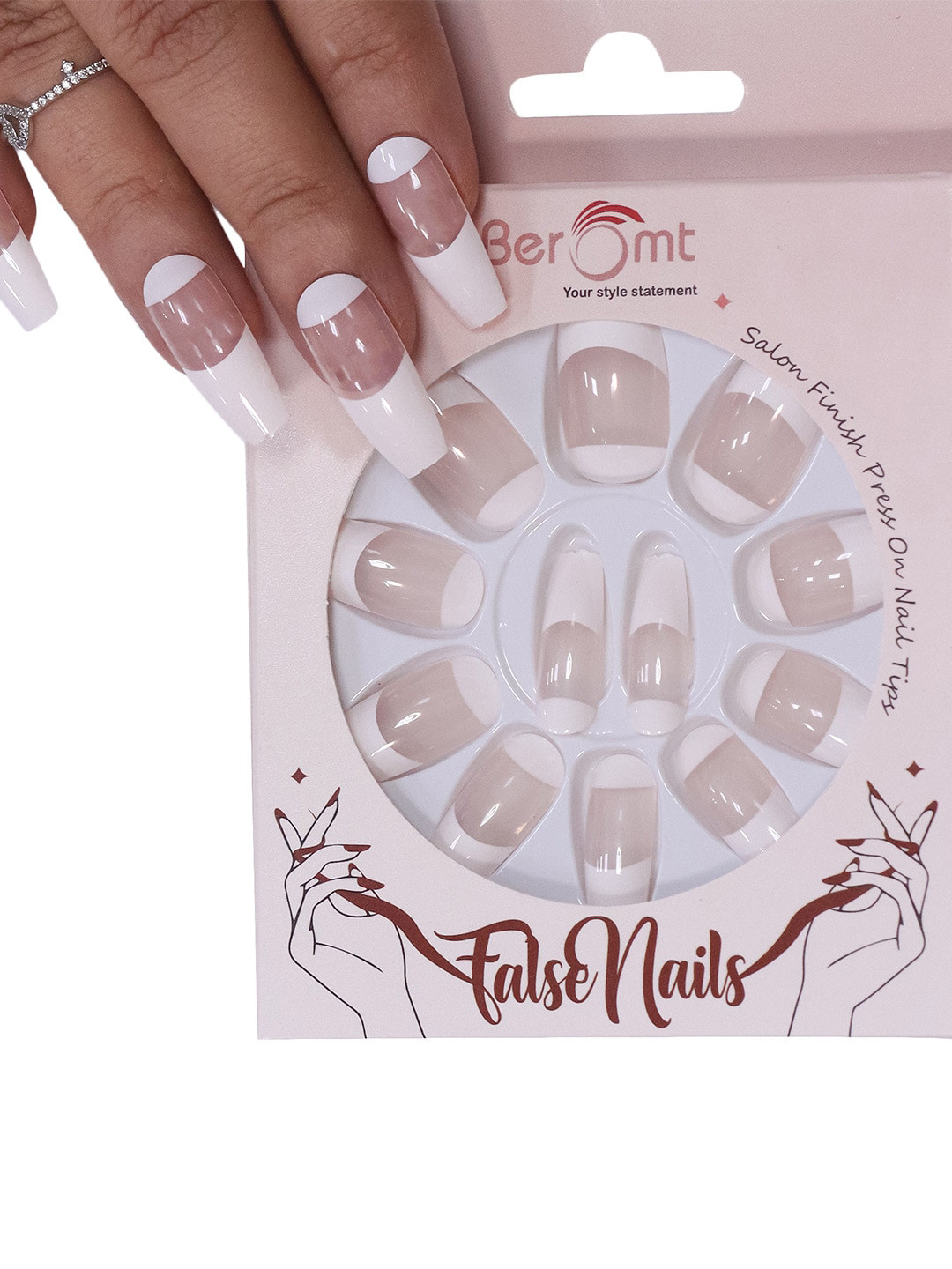 BEROMT 12Pc French Tips Salon Finish Lightweight Press on False Nails Kit - Shade 271