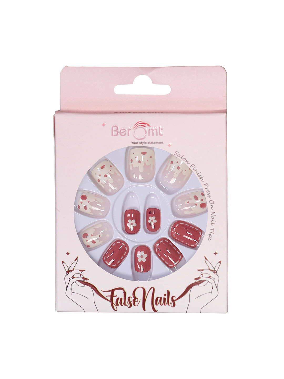 BEROMT 12Pc Casual Long-Lasting Salon Finish Press on False Nails Kit - Shade 653