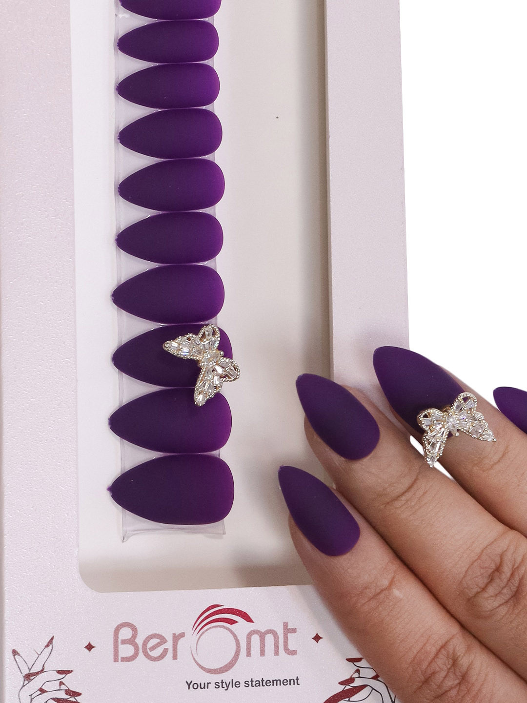 BEROMT 12Pc Rotating Charm Salon Finish Lightweight Press on False Nails Kit - Shade 05