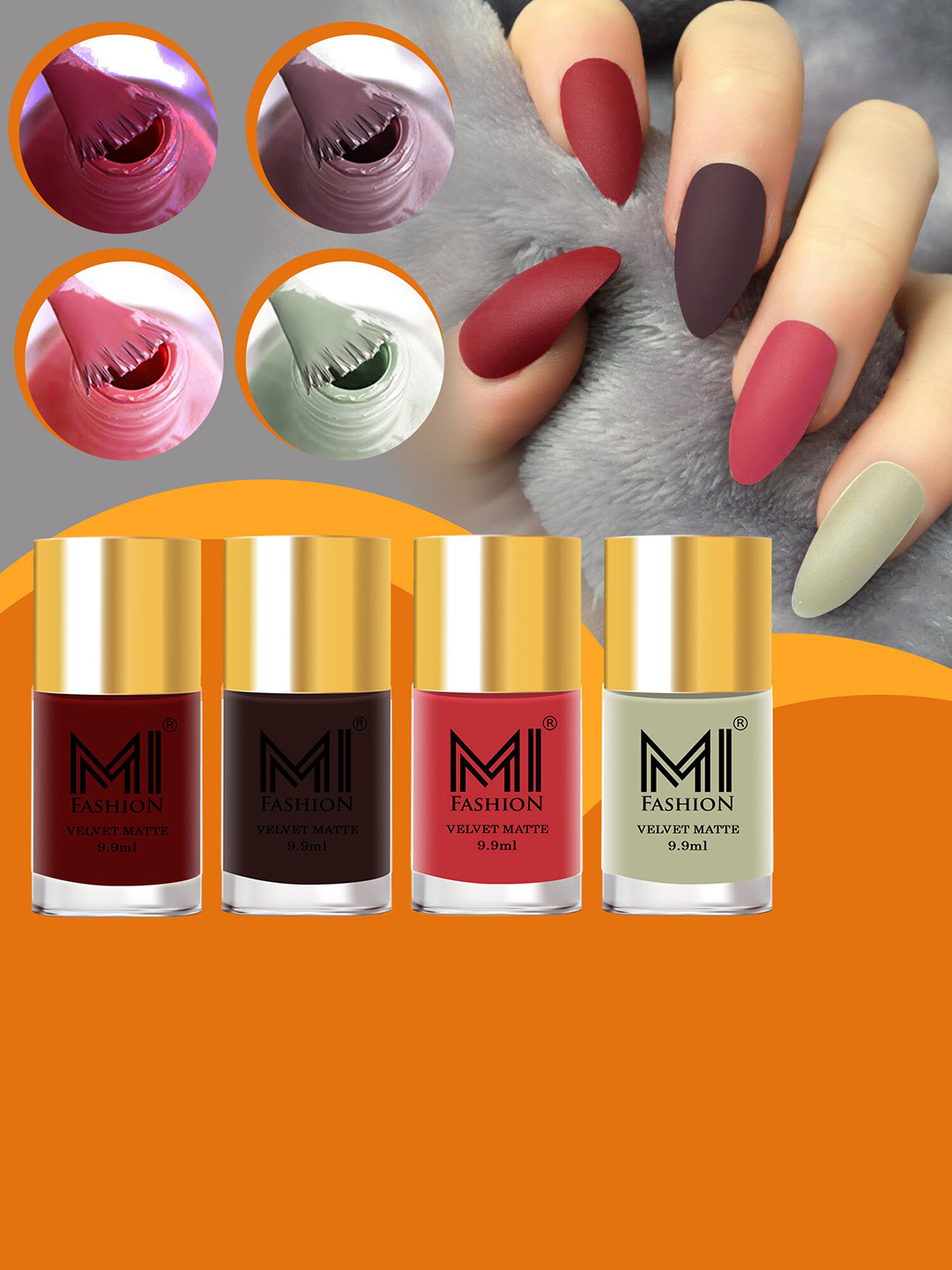 MI FASHION Set of 4 Velvet Matte Nail Polish 9.9 ml Each - Shade 08, 09, 10, 40