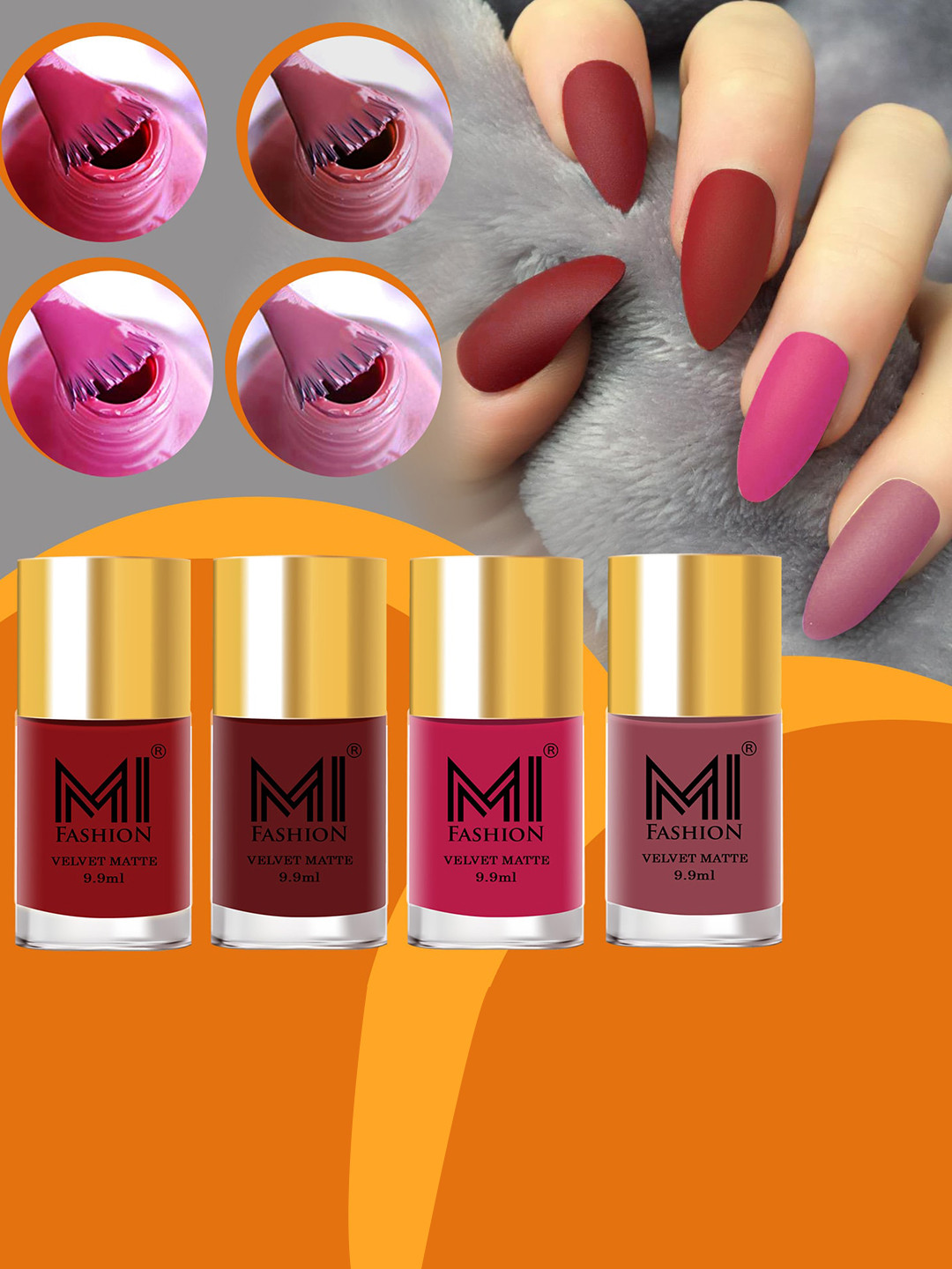 MI FASHION Set of 4 Velvet Matte Nail Polish 9.9 ml Each - Shade 22, 23, 24, 33