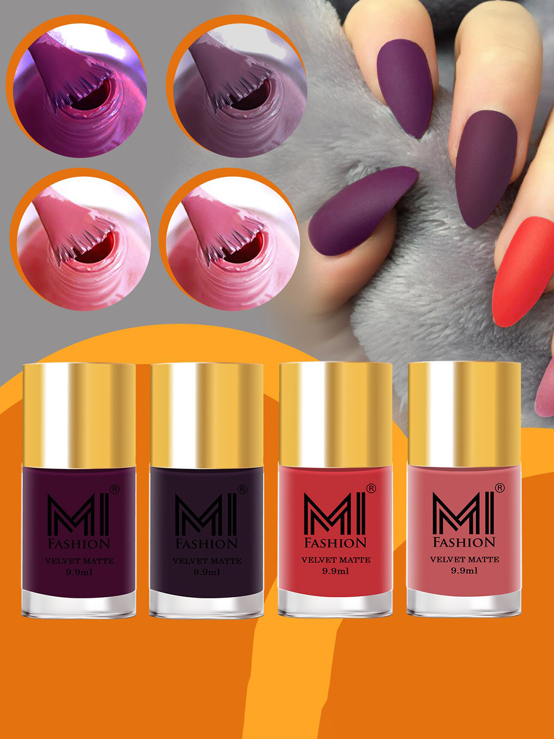 MI FASHION Set of 4 Velvet Matte Nail Polish 9.9 ml Each - Shade 29, 30, 31, 41