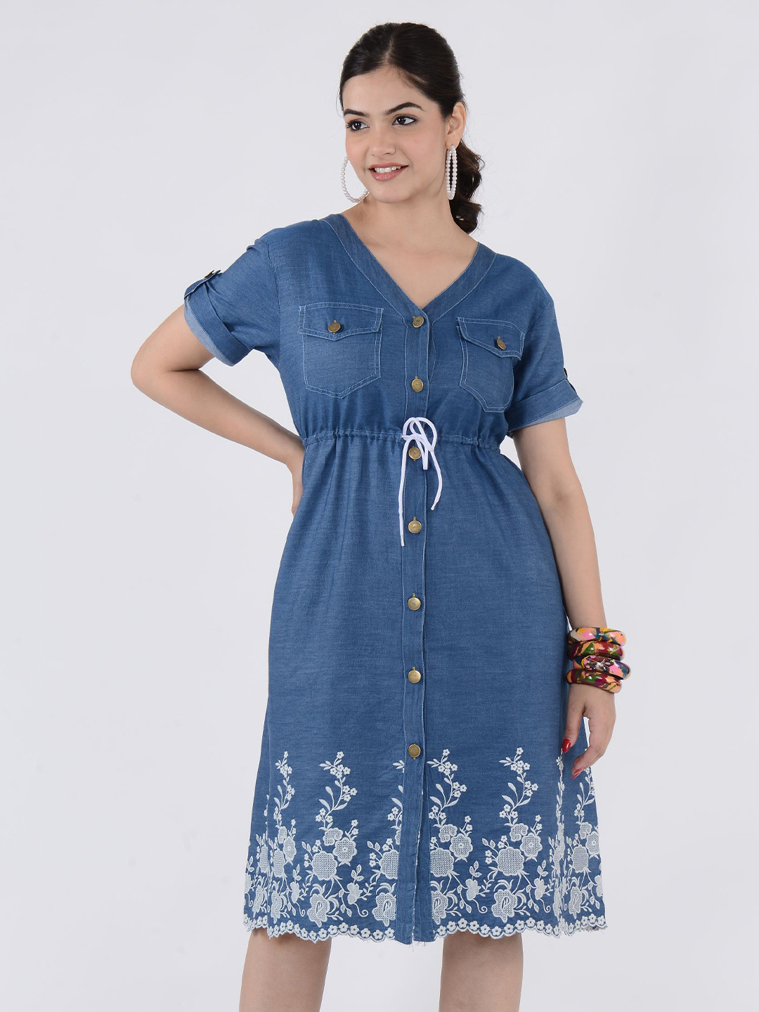 SUMAVI-FASHION Floral Embroidered Denim Fit & Flare Dress