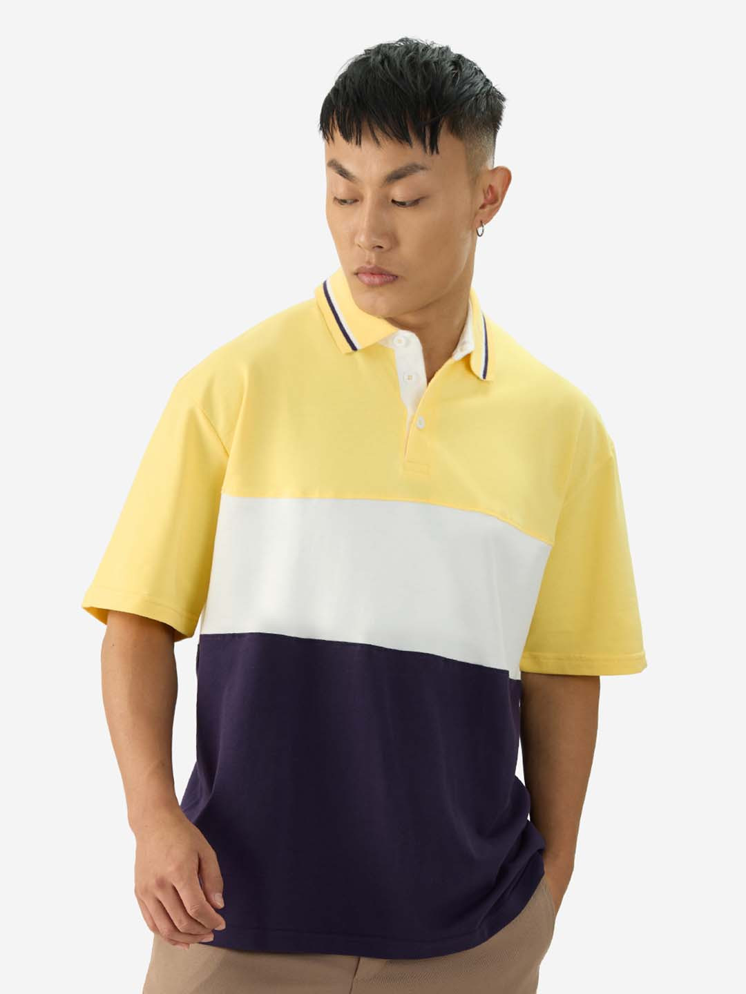 The Souled Store Colourblocked Polo Collar Loose Cotton Oversized T-Shirt