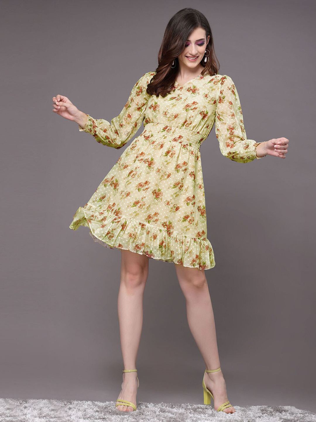 Selvia Floral Printed V Neck Puff Sleeve Fit & Flare Dress