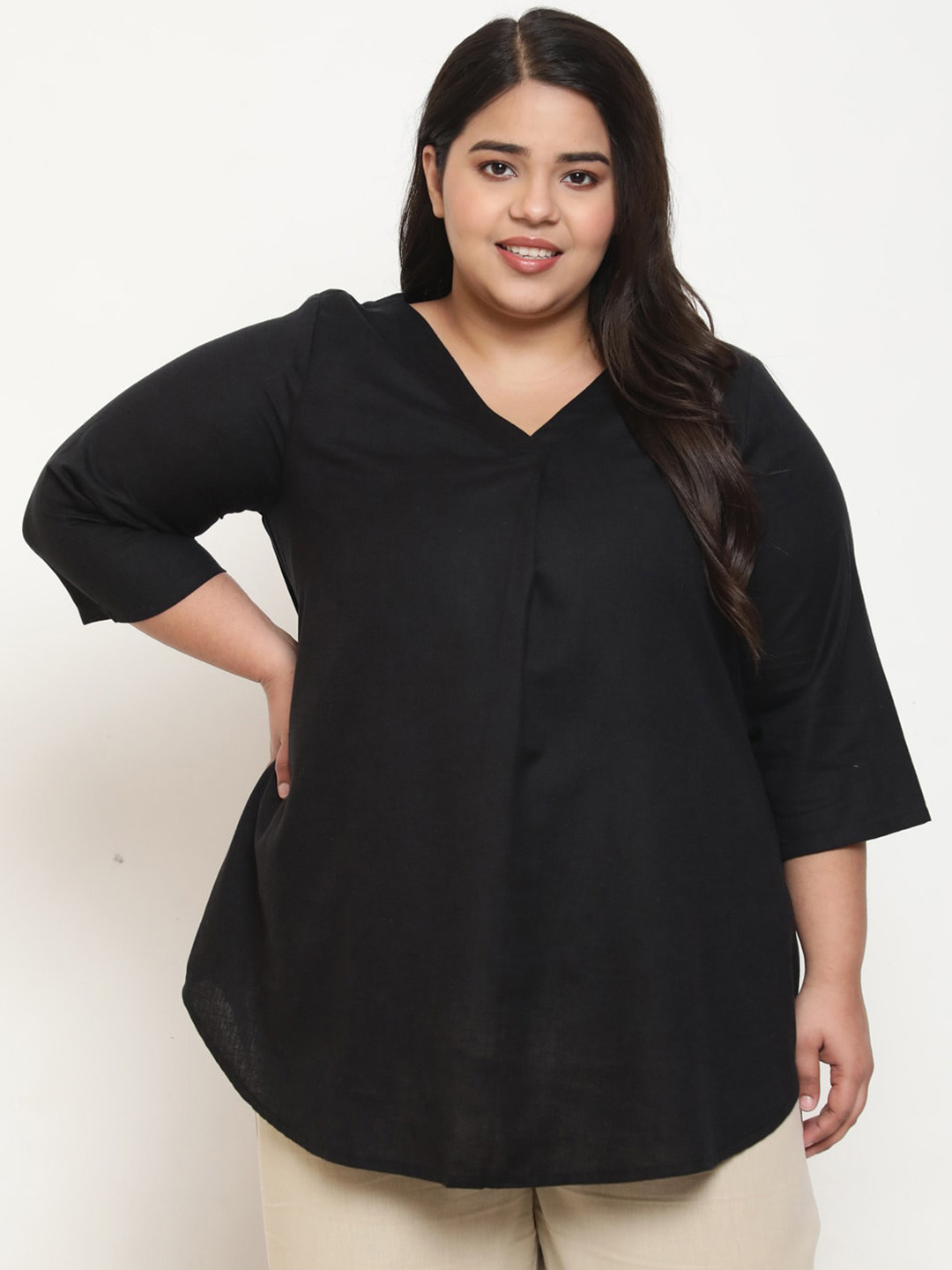 Amydus Plus Size Cotton Linen V-Neck Longline High-Low Top