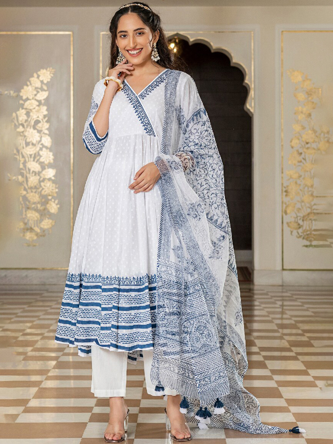 EverBloom Abstract Self Design Angrakha Dobby Pure Cotton Kurta with Trousers & Dupatta