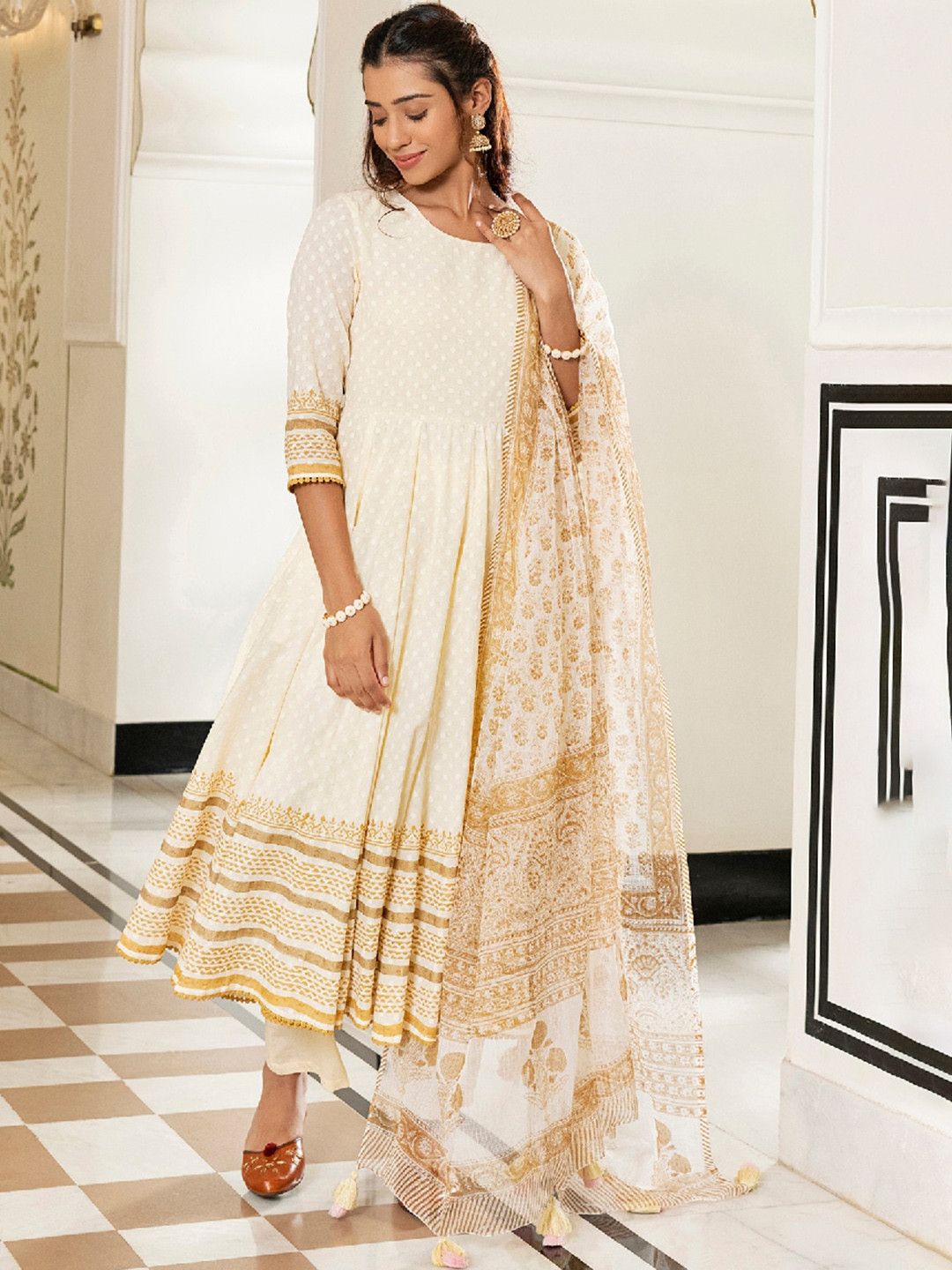 EverBloom Abstract Self Design Anarkali Dobby Pure Cotton Kurta with Trousers & Dupatta