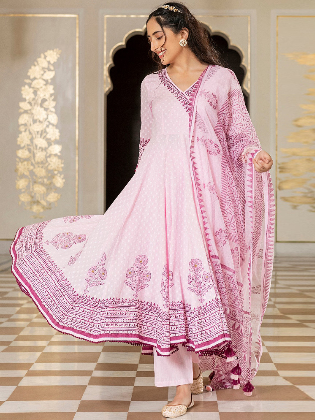 EverBloom Abstract Self Design Angrakha Dobby Pure Cotton Kurta with Trousers & Dupatta