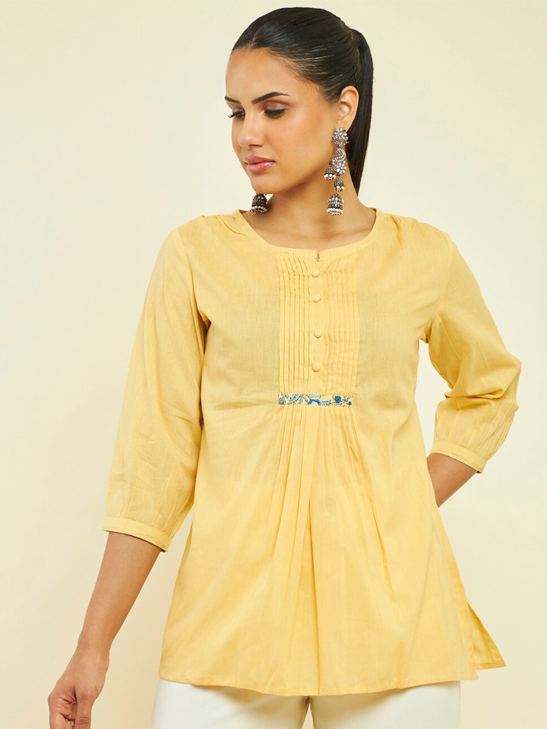 Soch Notched Neck Cotton Puff Sleeves Tunic