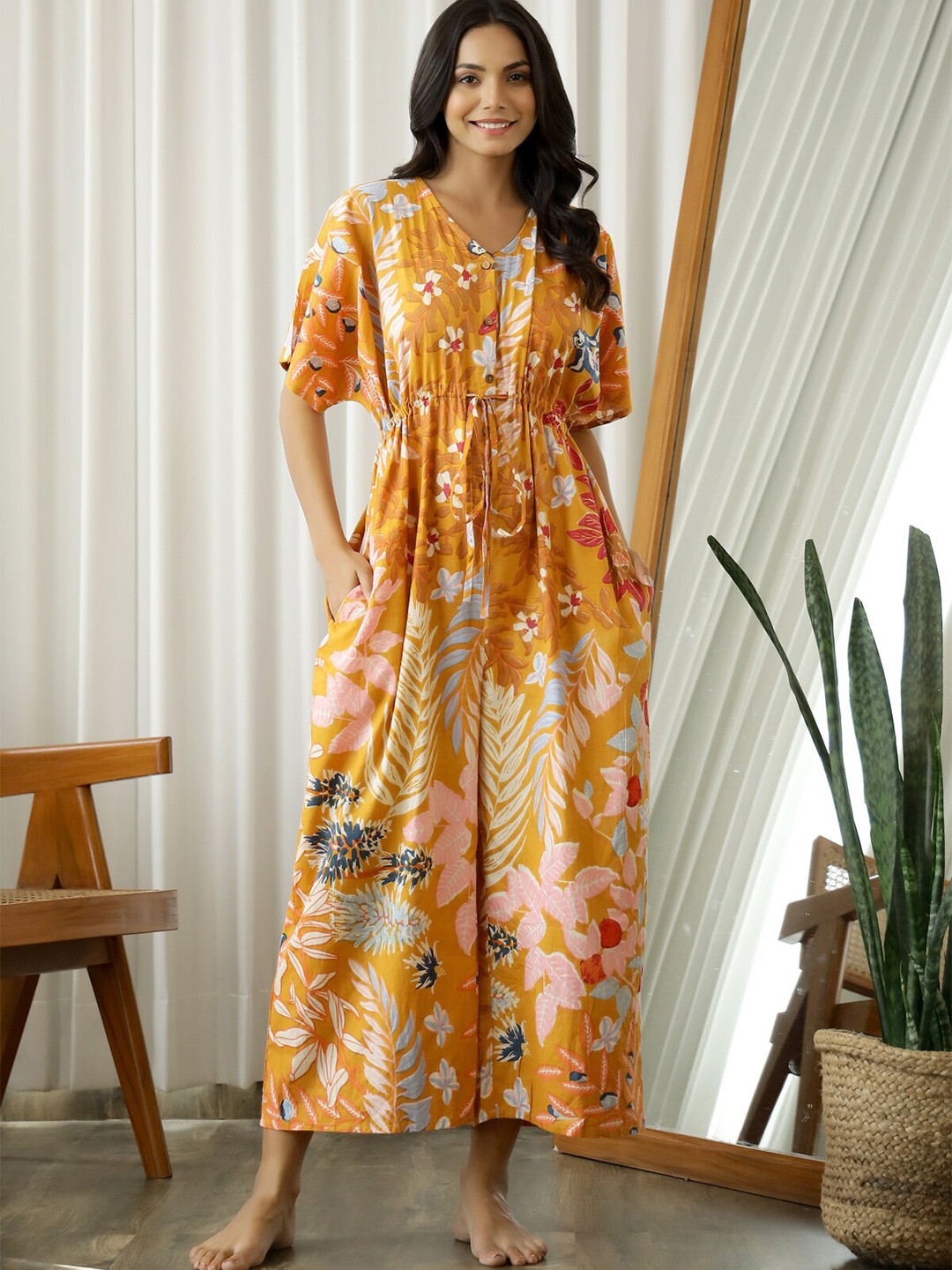SANSKRUTIHOMES Mustard Printed V-Neck Cotton Loose Fit Jumpsuit