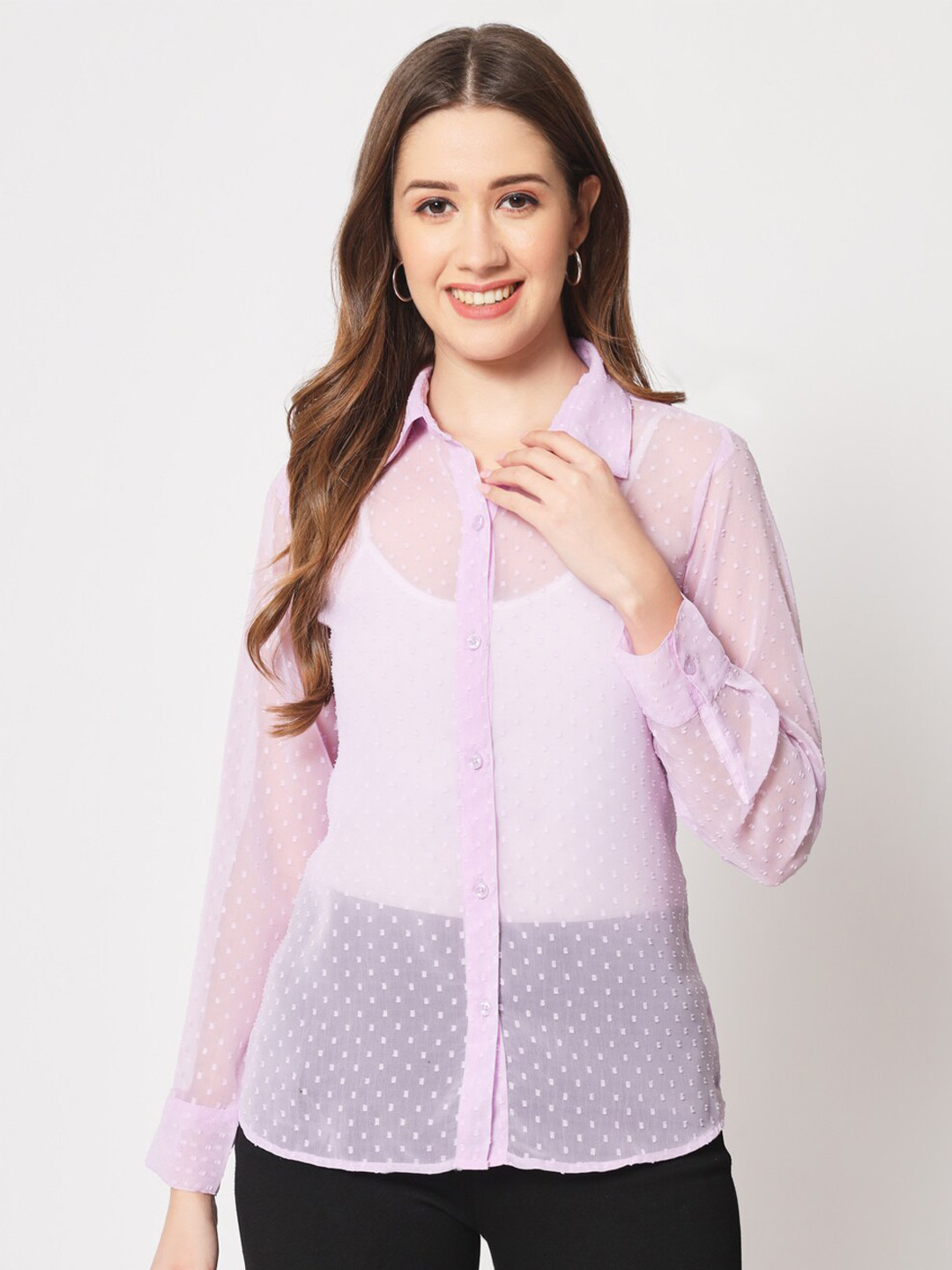 CHARMGAL Classic Self Design Georgette Slim Fit Sheer Casual Shirt