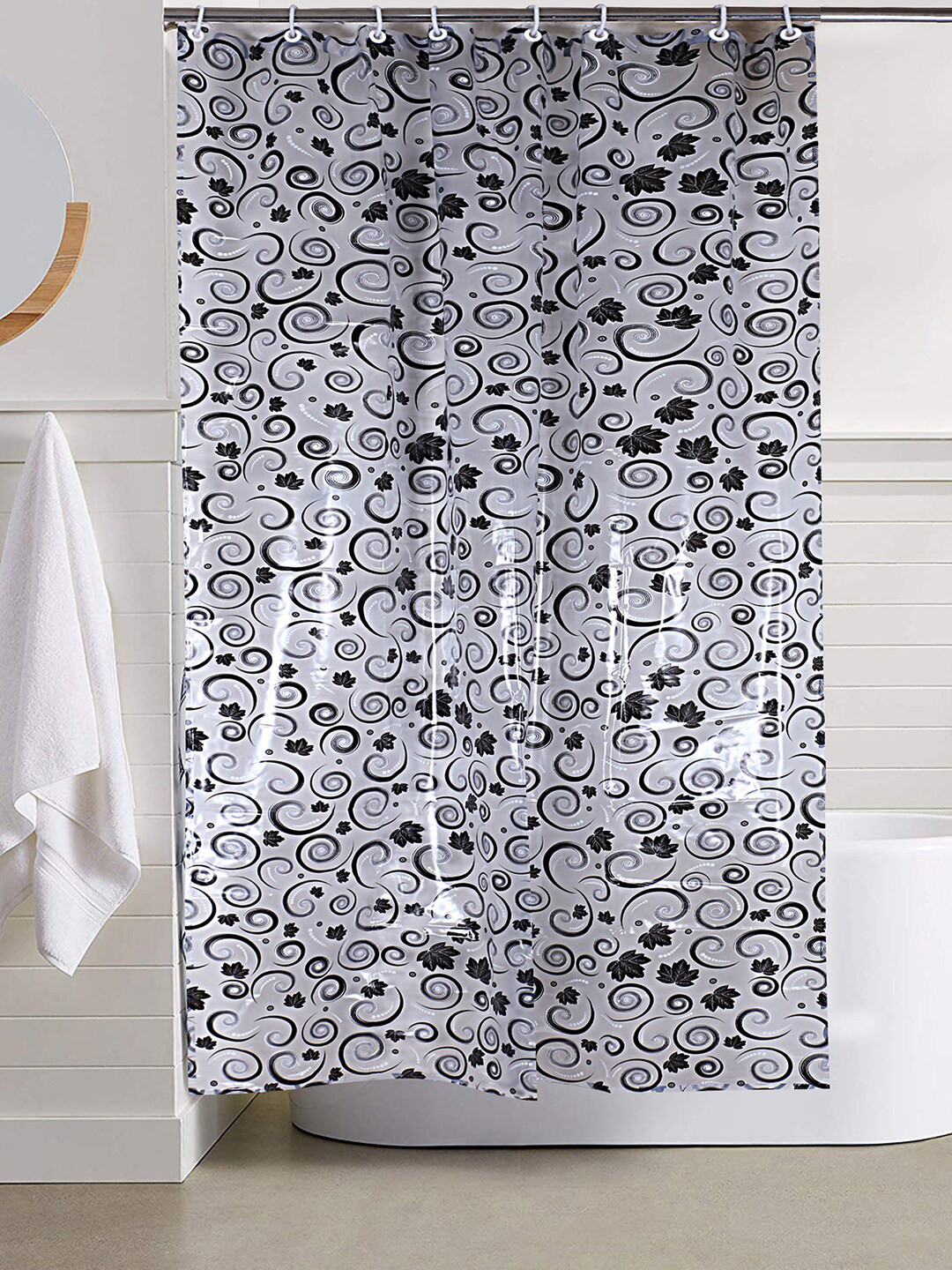 Kuber Industries Black & Grey Spiral Printed Waterproof Shower Curtain - 7Ft