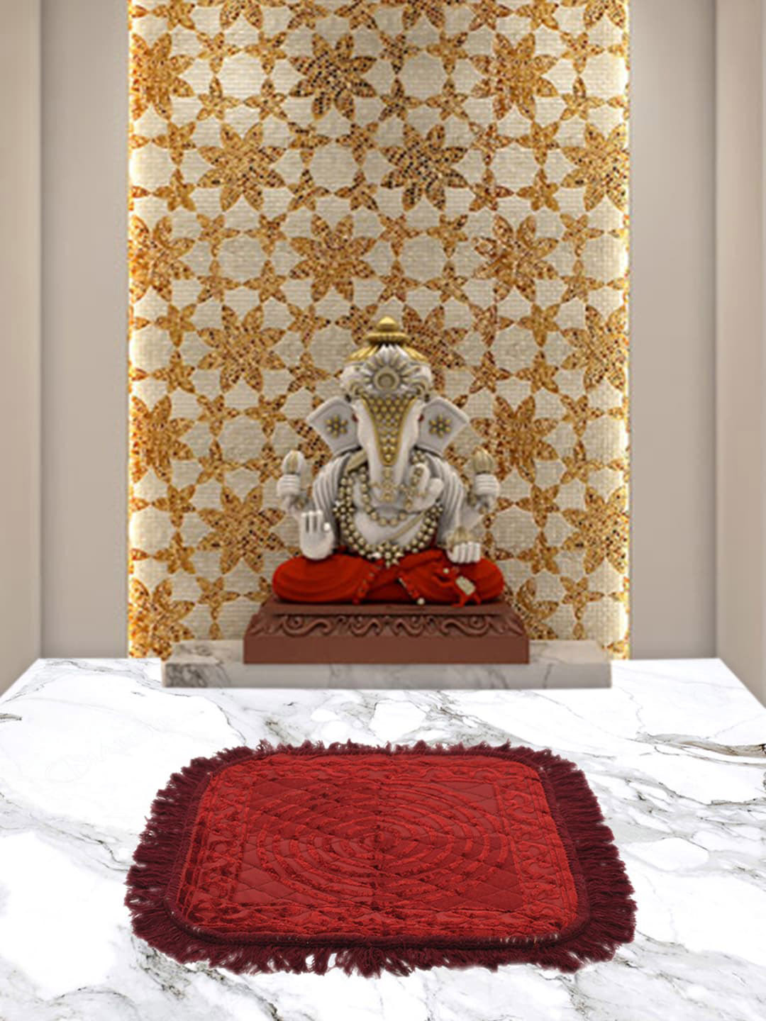 Kuber Industries Maroon Velvet Circle Print Anti-Skid Meditation Mat