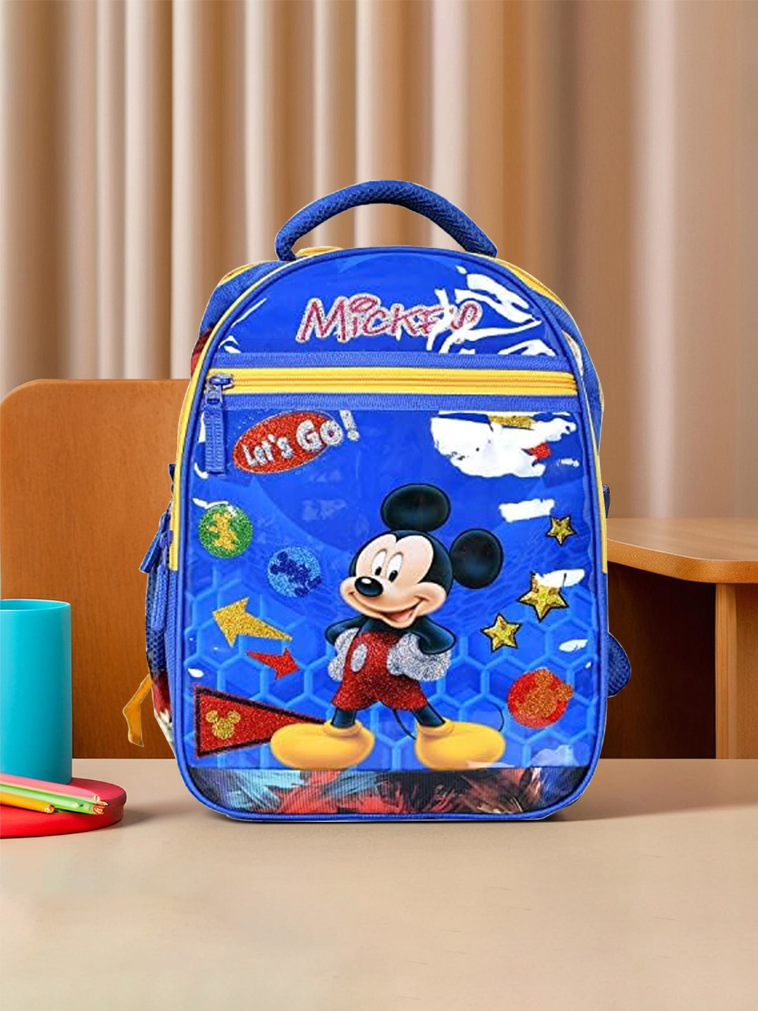 Kuber Industries Waterproof Shiny Disney Mickey Print Backpack Blue kindergarten kids