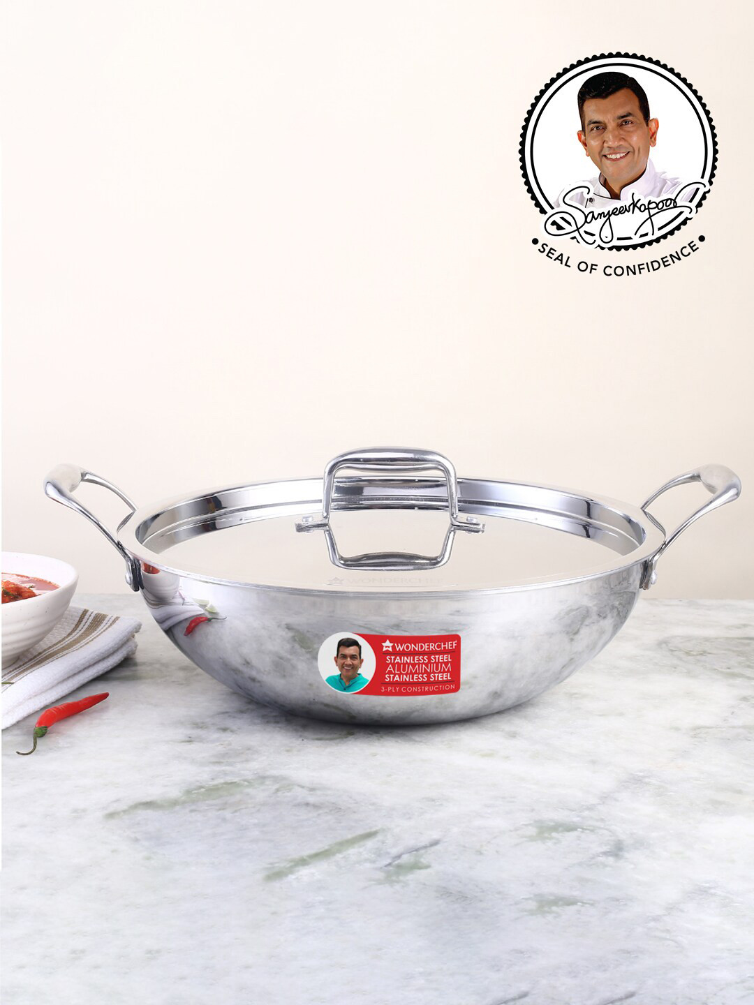 Wonderchef Nigella Tri-Ply Stainless Steel Kadhai With Lid 4.1 L