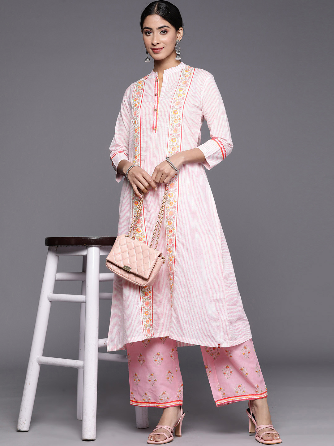 Biba Striped Pure Cotton Kurta with Trousers