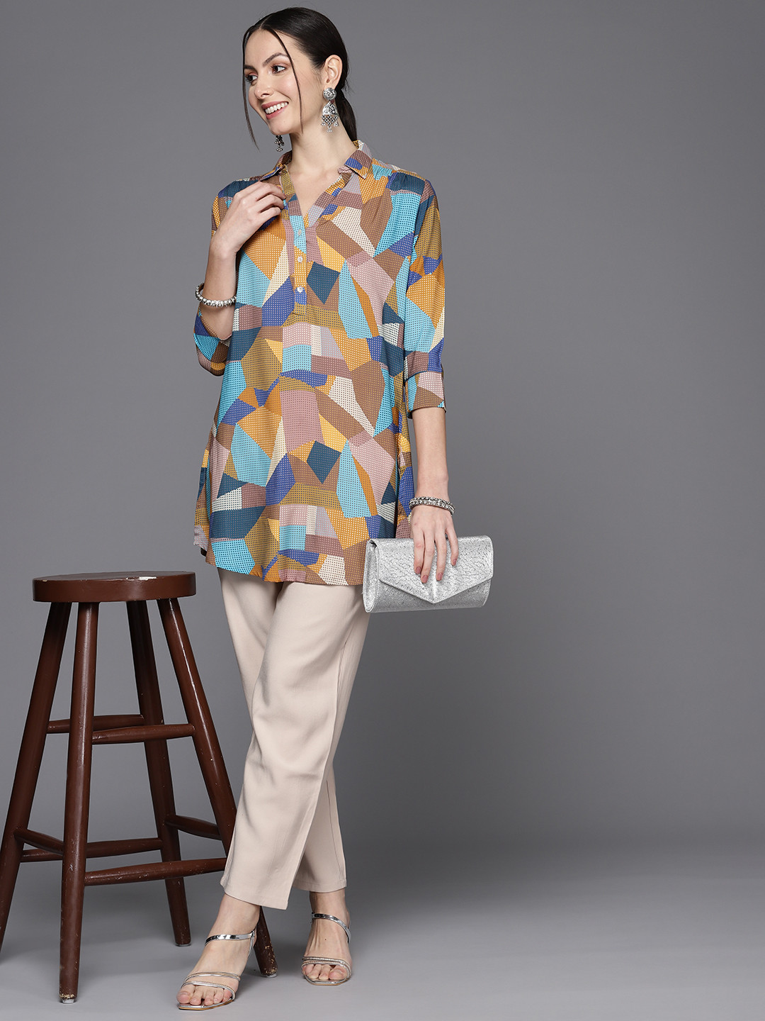 Biba Shirt Collar Printed Tunic