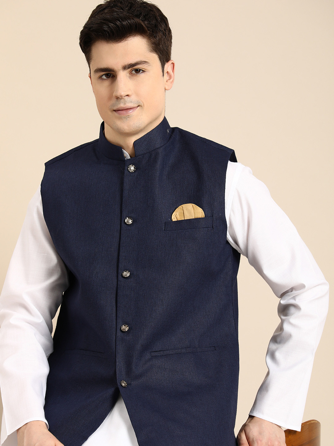 Anouk Men Regular Linen Kurta With Churidar & With Nehru Jacket
