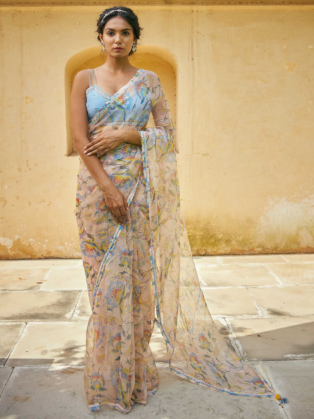 Baise Gaba Floral Printed Beads and Stones Embellished Organza Saree