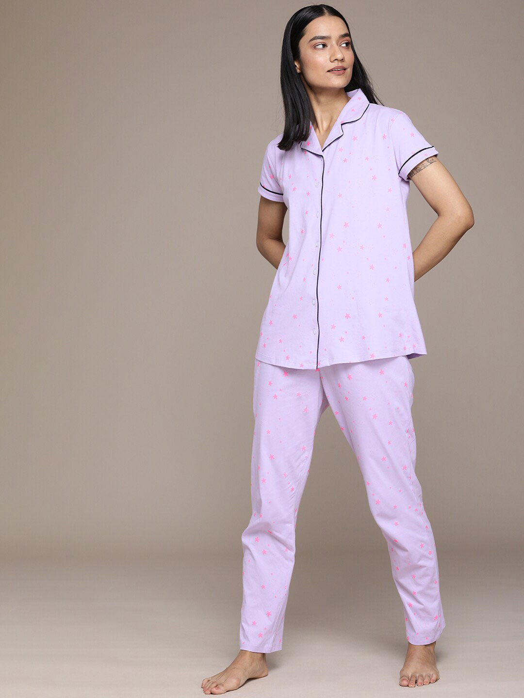 beebelle Lapel Collar Conversational Printed Pure Cotton Night Suit