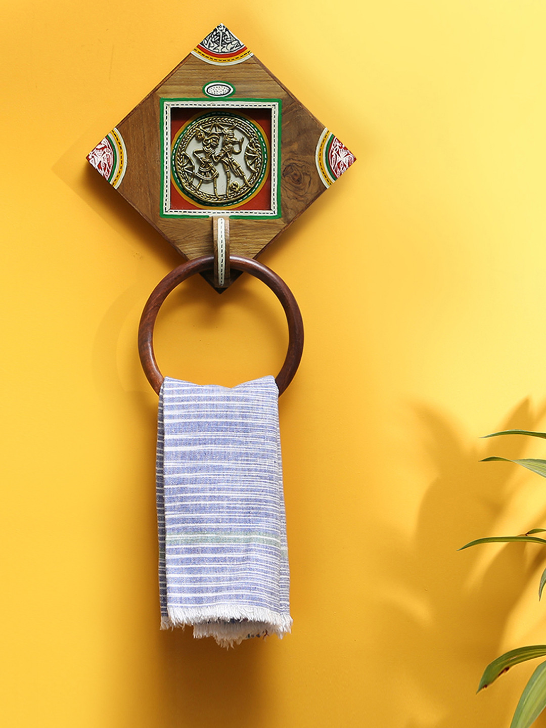 ExclusiveLane Brown Sheesham Wooden Warli Hand-Painted Dhokra Towel Holder