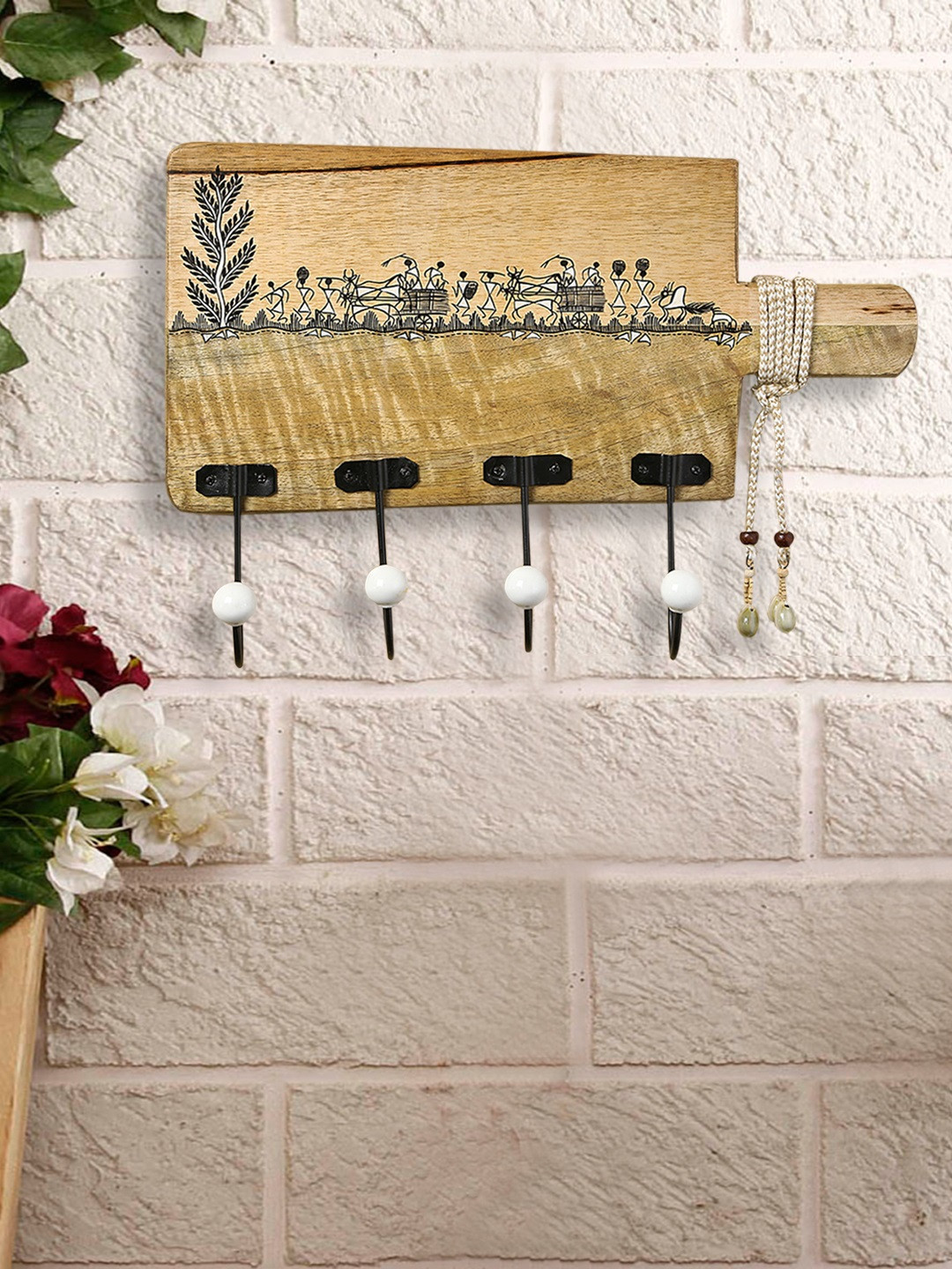 ExclusiveLane Whitwewood Canvas Wall Cloth Hanger With Warli Hand-Painting & Jute Dori