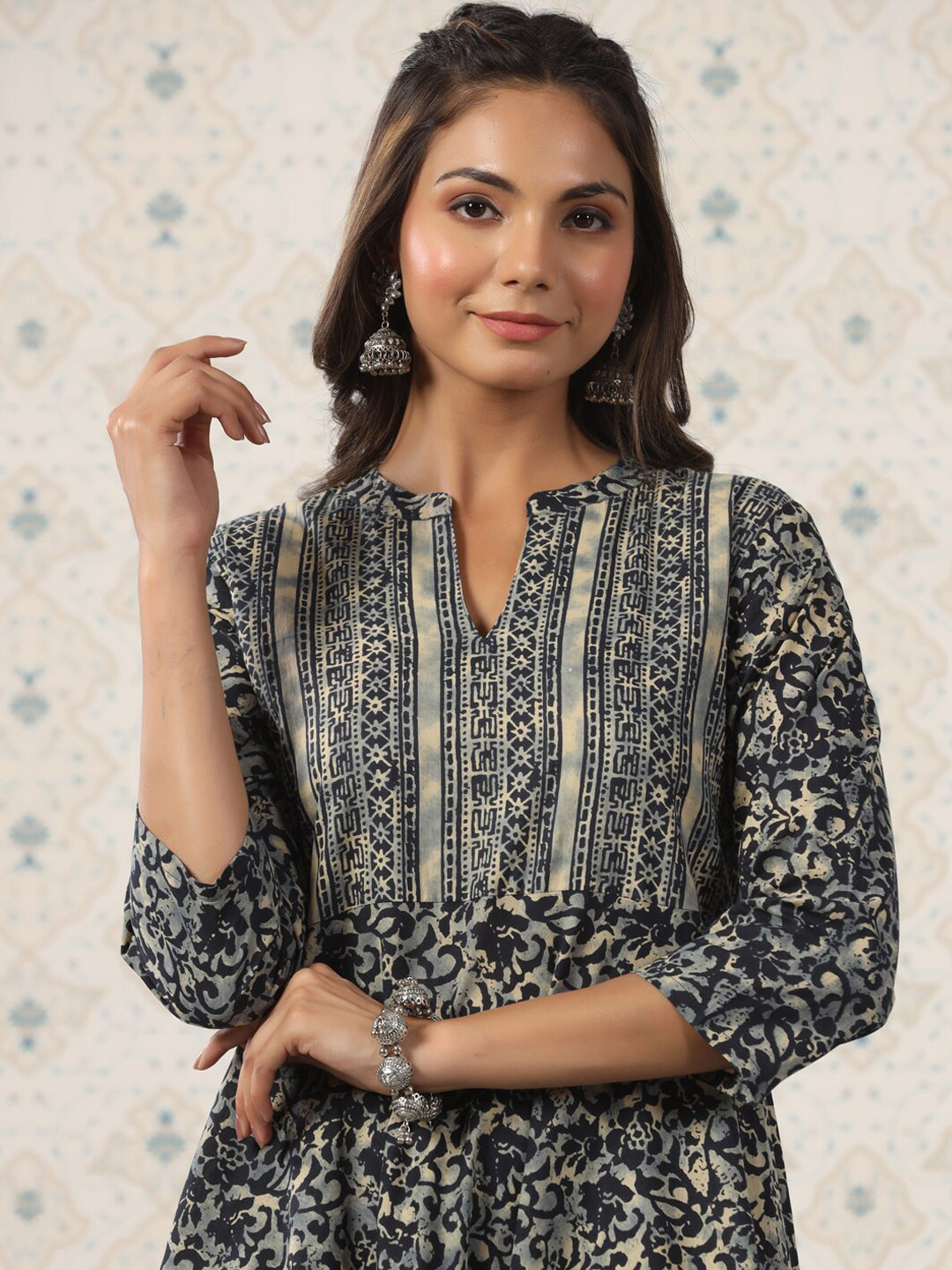 Ode by House of Pataudi Ethnic Motifs Printed A-Line Pure Cotton Kurta With Trousers