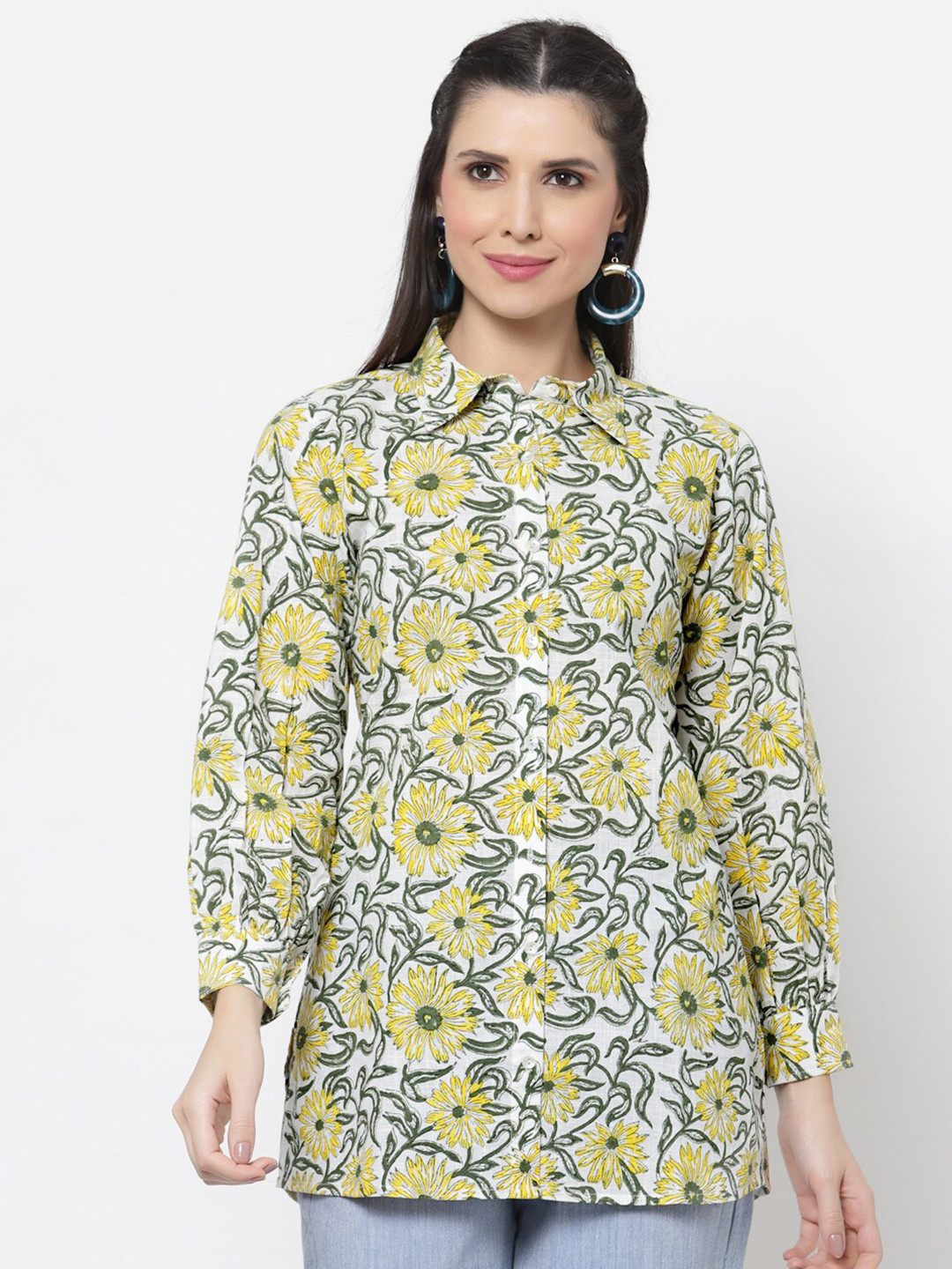 DART STUDIO Cuffed Sleeves Floral Printed Cotton Shirt Style Top