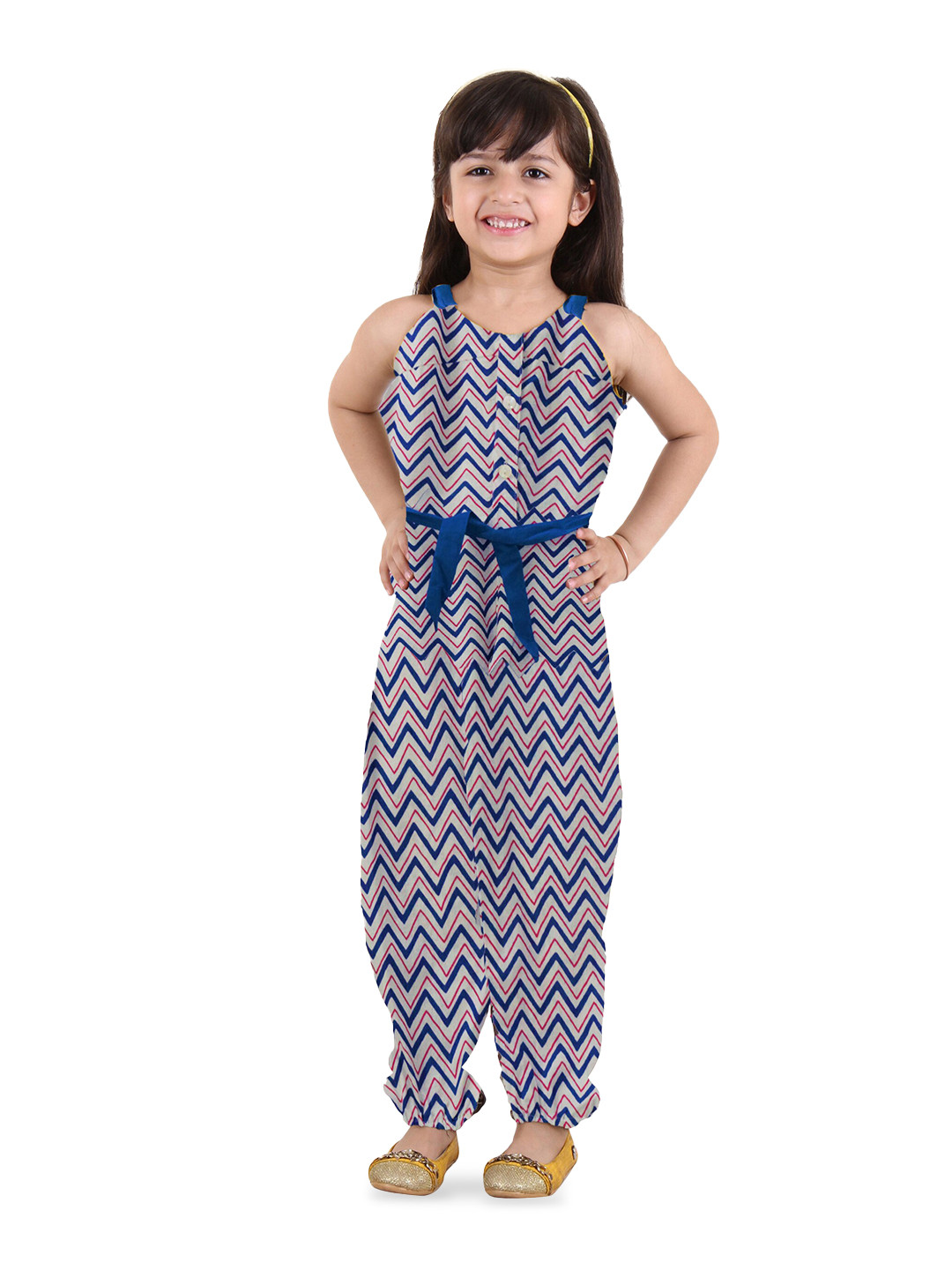 Kids On Board Girls Printed Waist Tie-Ups Pure Cotton Basic Jumpsuit