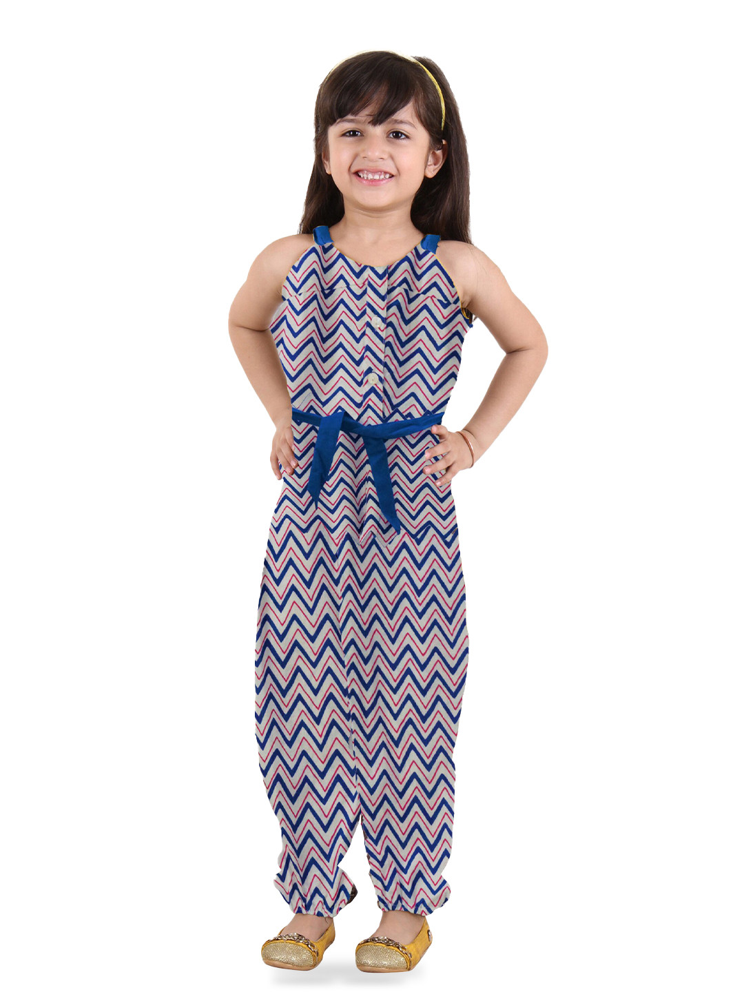Kids On Board Girls Printed Waist Tie-Ups Pure Cotton Basic Jumpsuit