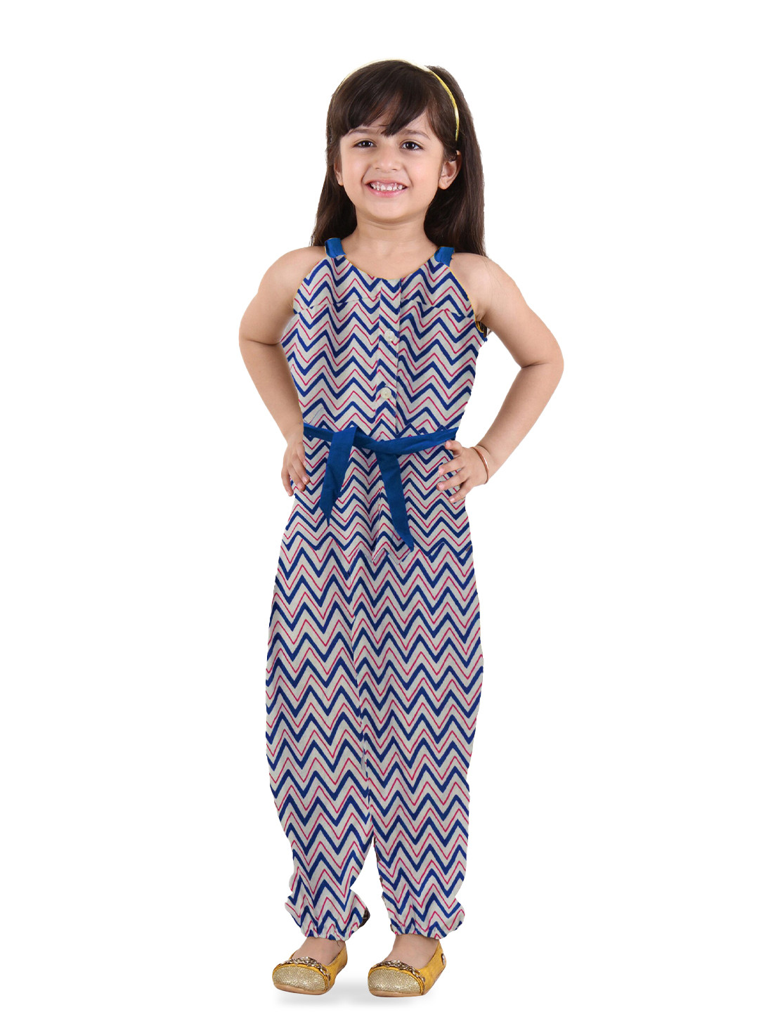 Kids On Board Girls Printed Waist Tie-Ups Pure Cotton Basic Jumpsuit
