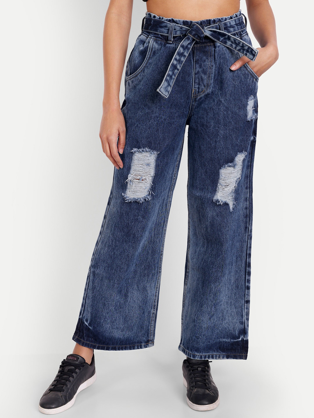 AngelFab Women Jean Wide Leg High-Rise Mildly Distressed Heavy Fade Cotton Jeans