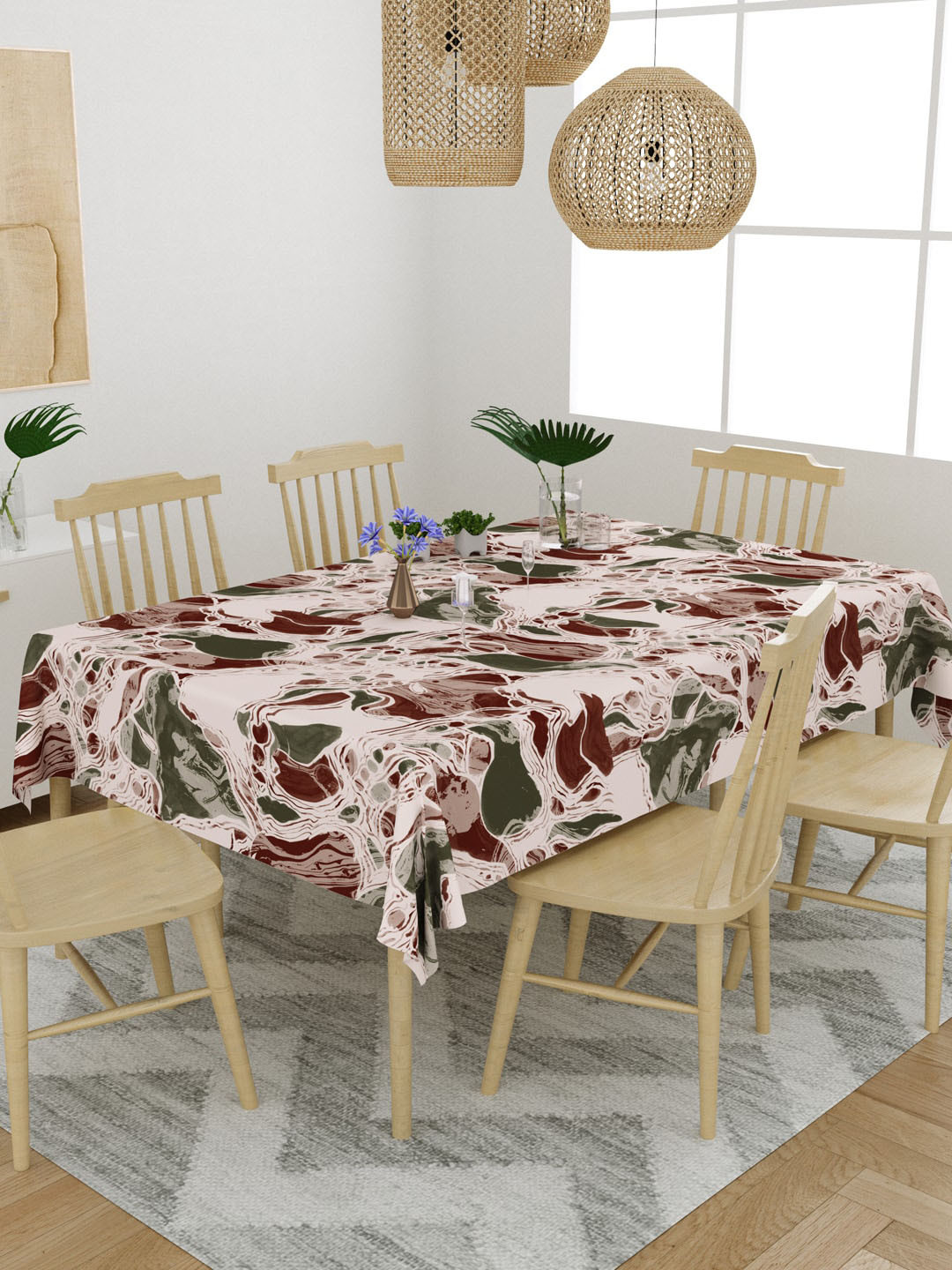 EverHOME Red & Green Abstract Printed 6 Seater Table Cover