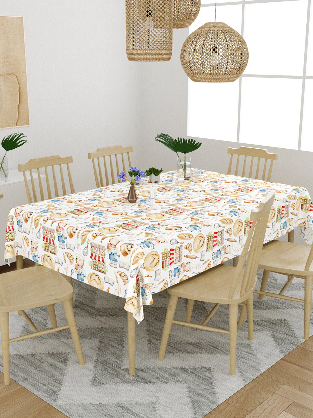 EverHOME White & Beige Kitchen Item Printed Cotton 6 Seater Table Cover