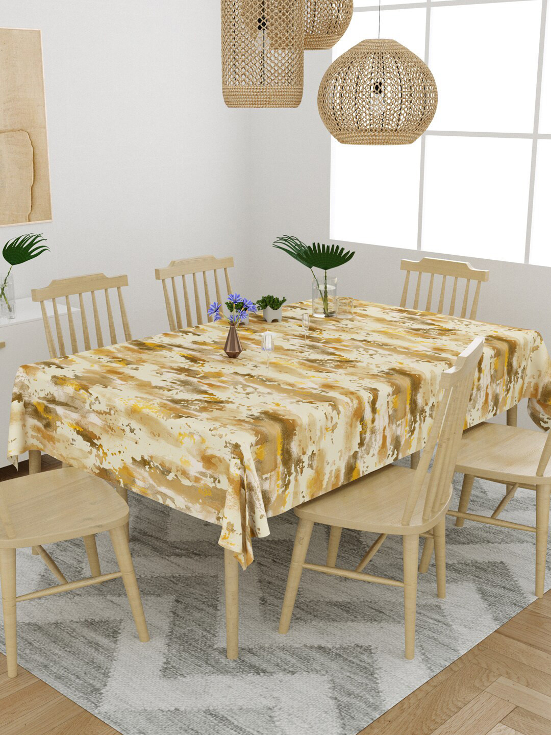 EverHOME Yellow & Brown Abstract Printed Cotton 6 Seater Table Cover