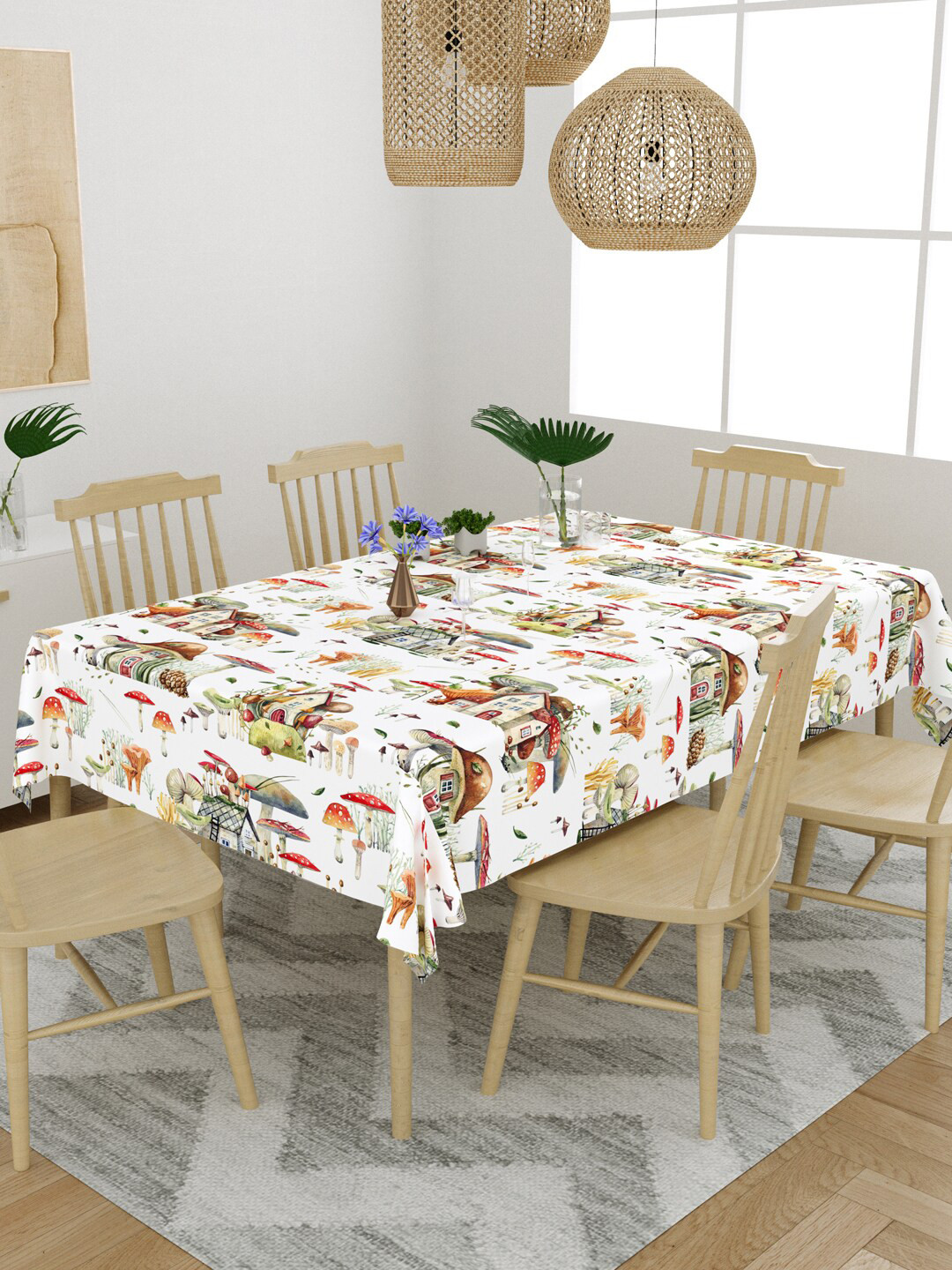 EverHOME White & Brown Kitchen Garden Printed Cotton 6 Seater Table Cover