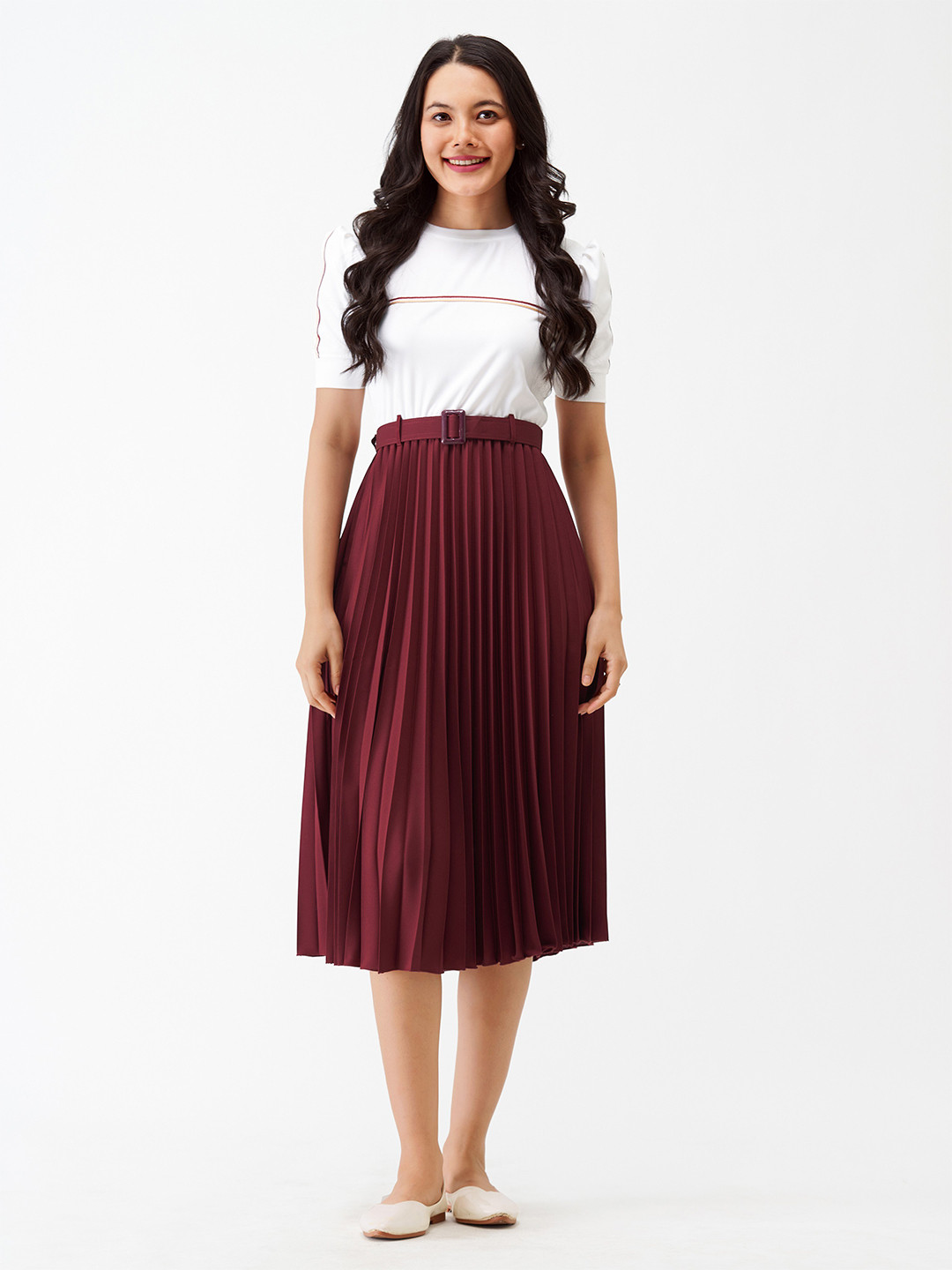 AASK Maroon Crepe Accordion Pleats Fit & Flare Midi Dress