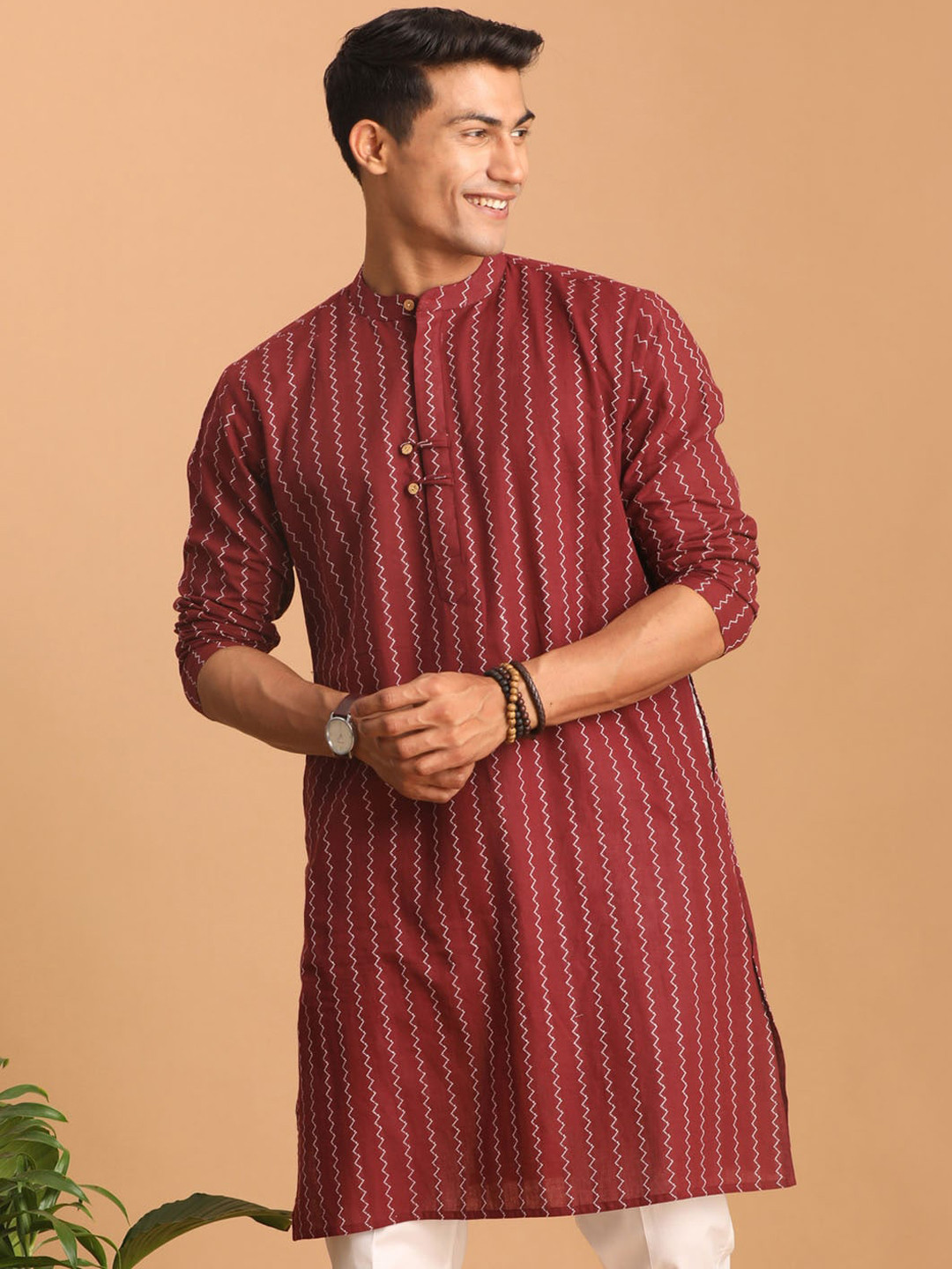 VASTRAMAY Striped Embroidered Thread Work Jacquard Cotton Sustainable Kurta