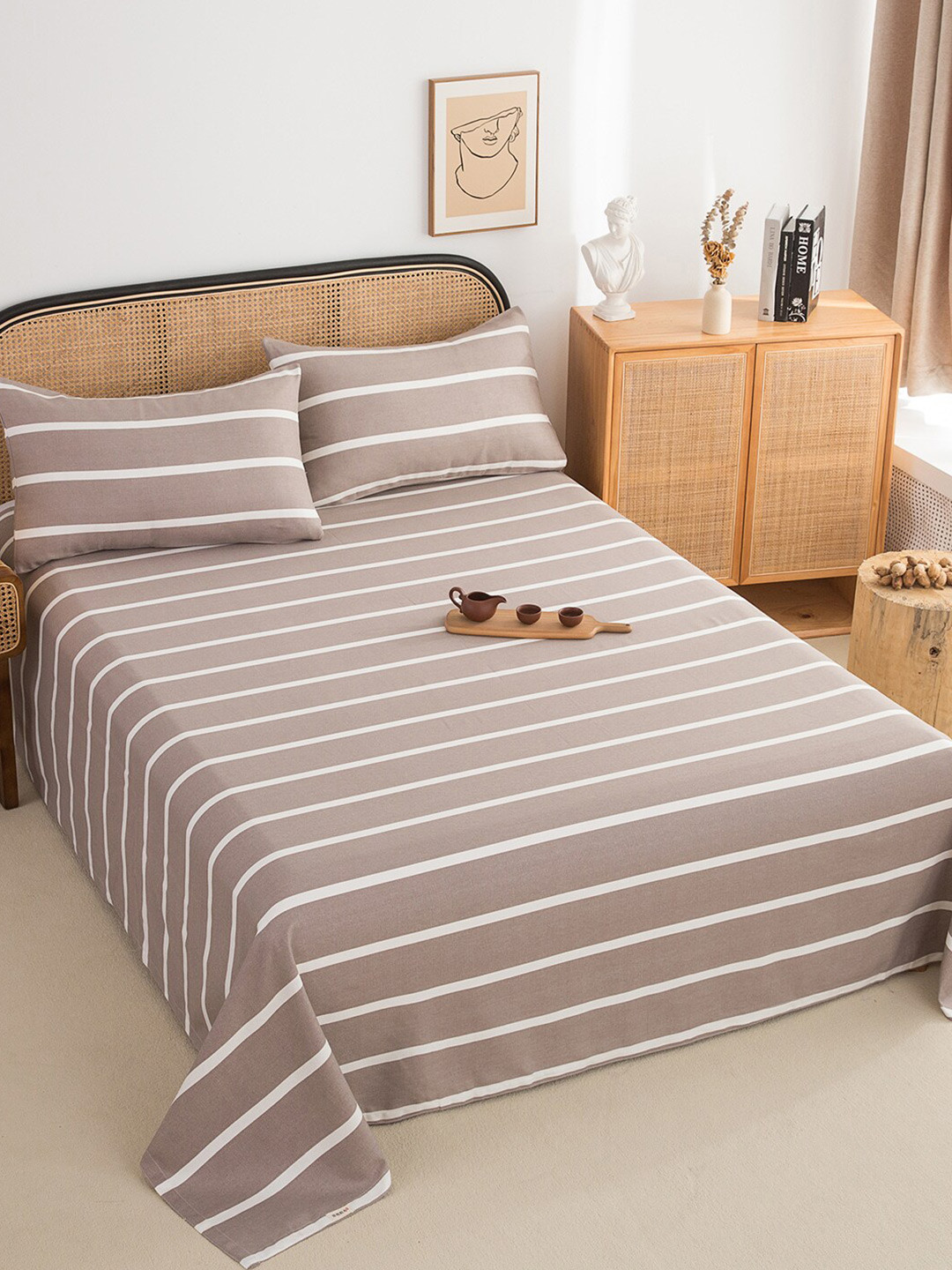 JC HOME Coffee Brown Striped Cotton 220 TC King Fine Bedsheet with 2 Pillow Covers-91 x 98 inches