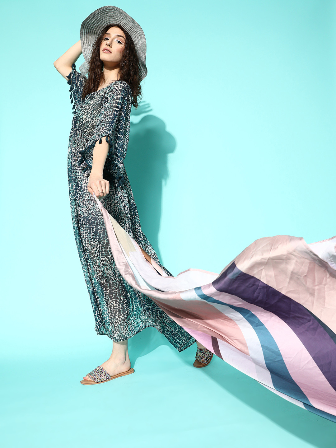 Secret Wish Teal Animal Print Kaftan Maxi Swimwear Cover Up Dress