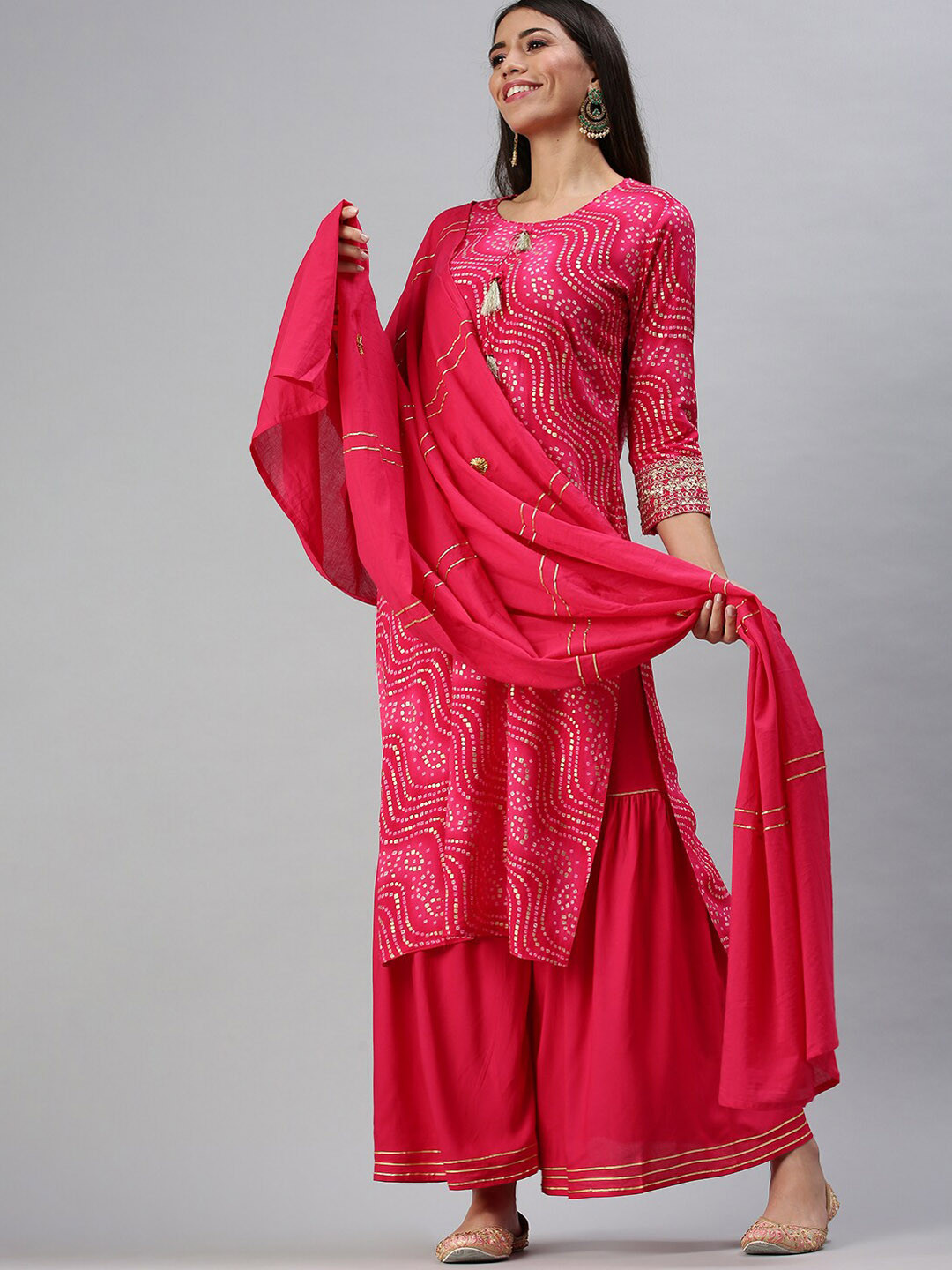 SHOWOFF Bandhani Printed Sequined Kurta with Sharara & Dupatta
