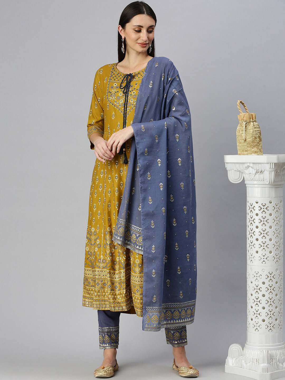 SHOWOFF Floral Printed Tie-Up Neck Beads & Stones Kurta with Trousers & Dupatta
