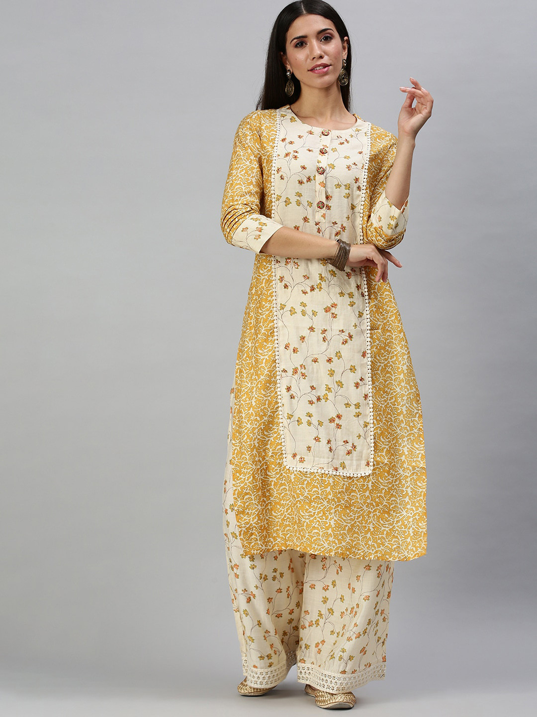 SHOWOFF Floral Printed Thread Work Panelled Kurta with Palazzos