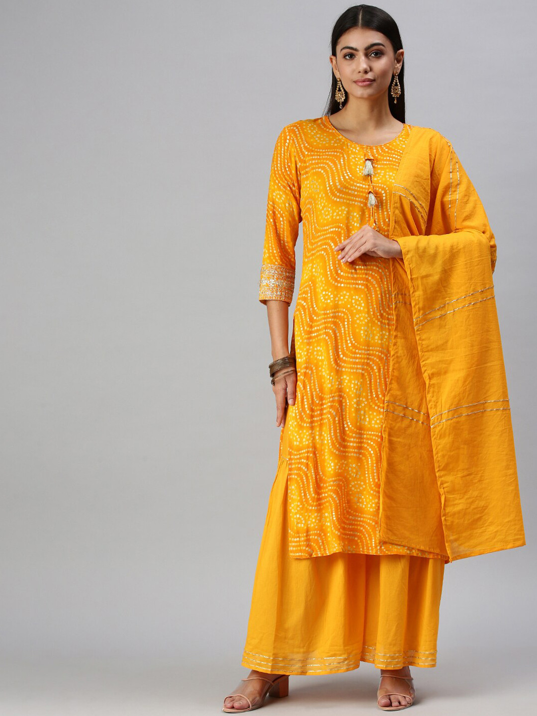 SHOWOFF Bandhani Printed Straight Kurta With Sharara & Dupatta