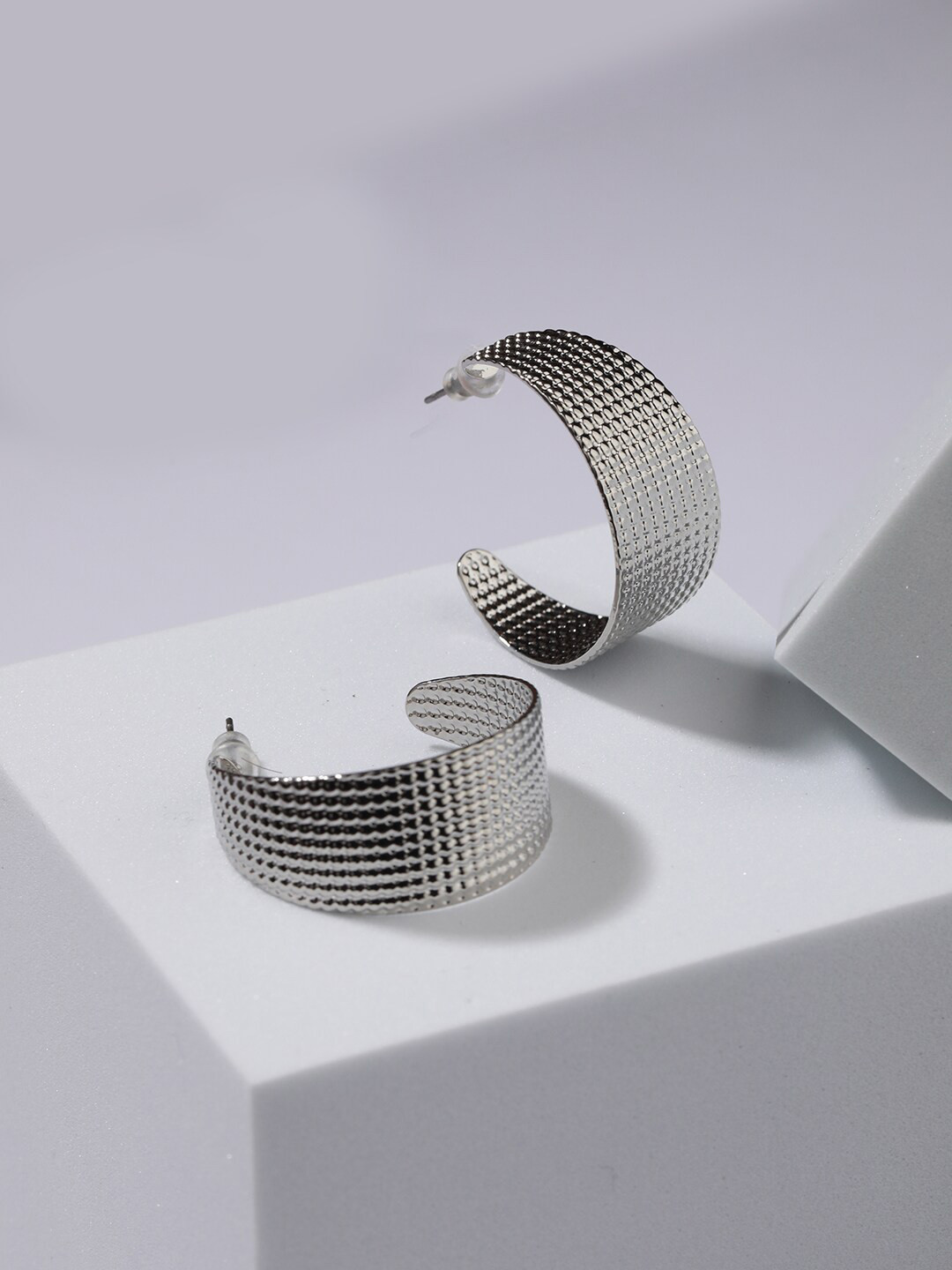 Jazz and Sizzle Silver-Plated Contemporary Half Hoop Earrings