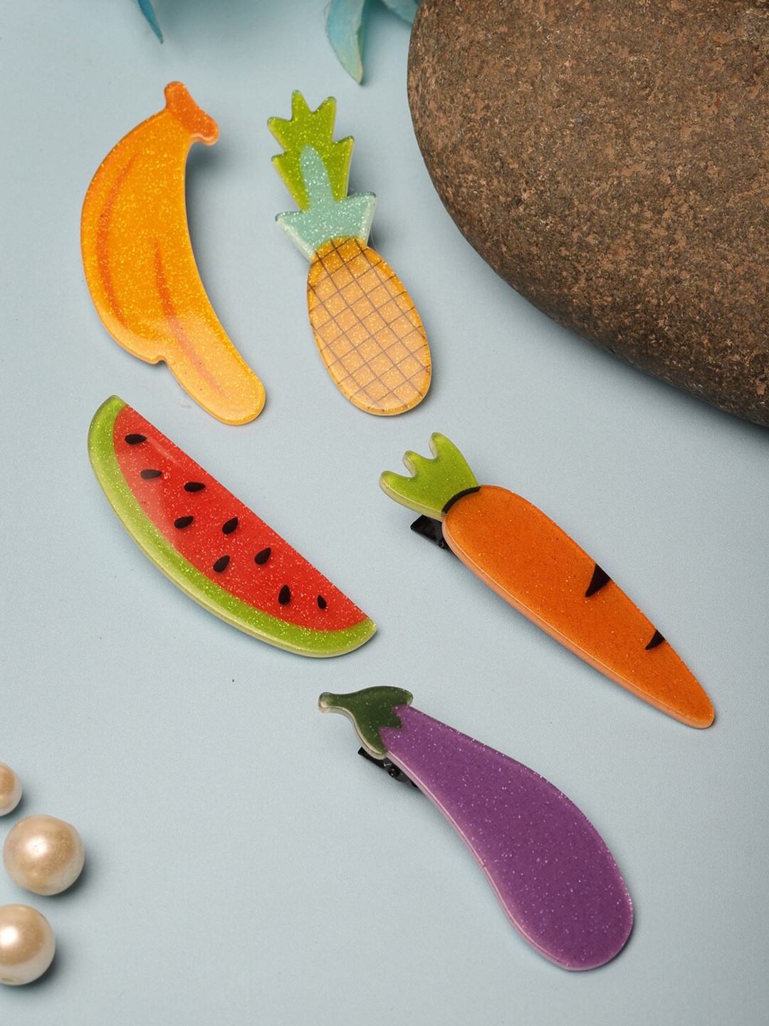 VOGUE PANASH Women Set Of 5 Fruit & Vegetable Alligator Hair Clips